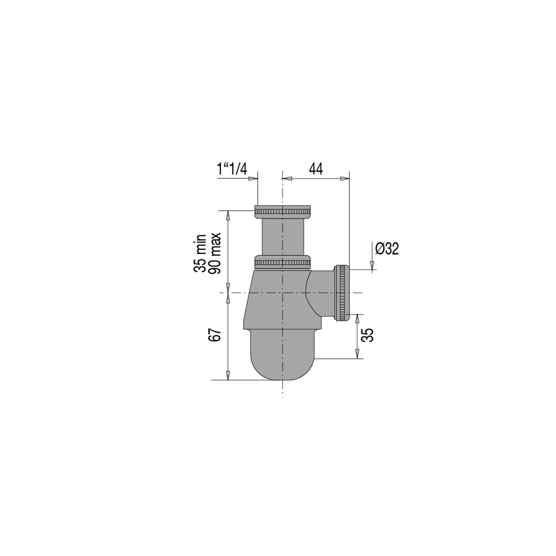 Siphon lavabo laiton chromé, réglable 35/90mm, sortie Ø32mm, débit : 42 l/mn