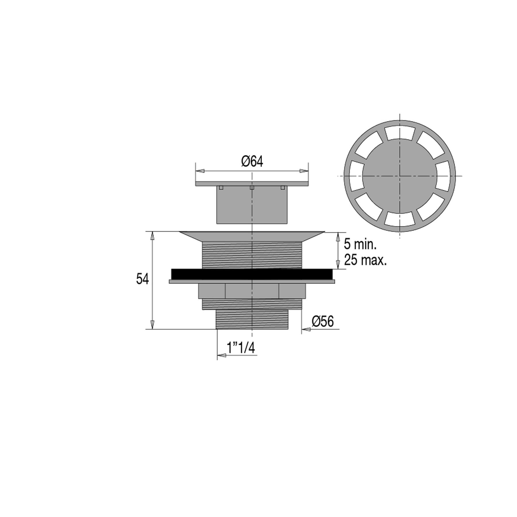 Bonde receveur Ø60mm, laiton, grille Ø63mm, sortie verticale, débit : 16 l/mn