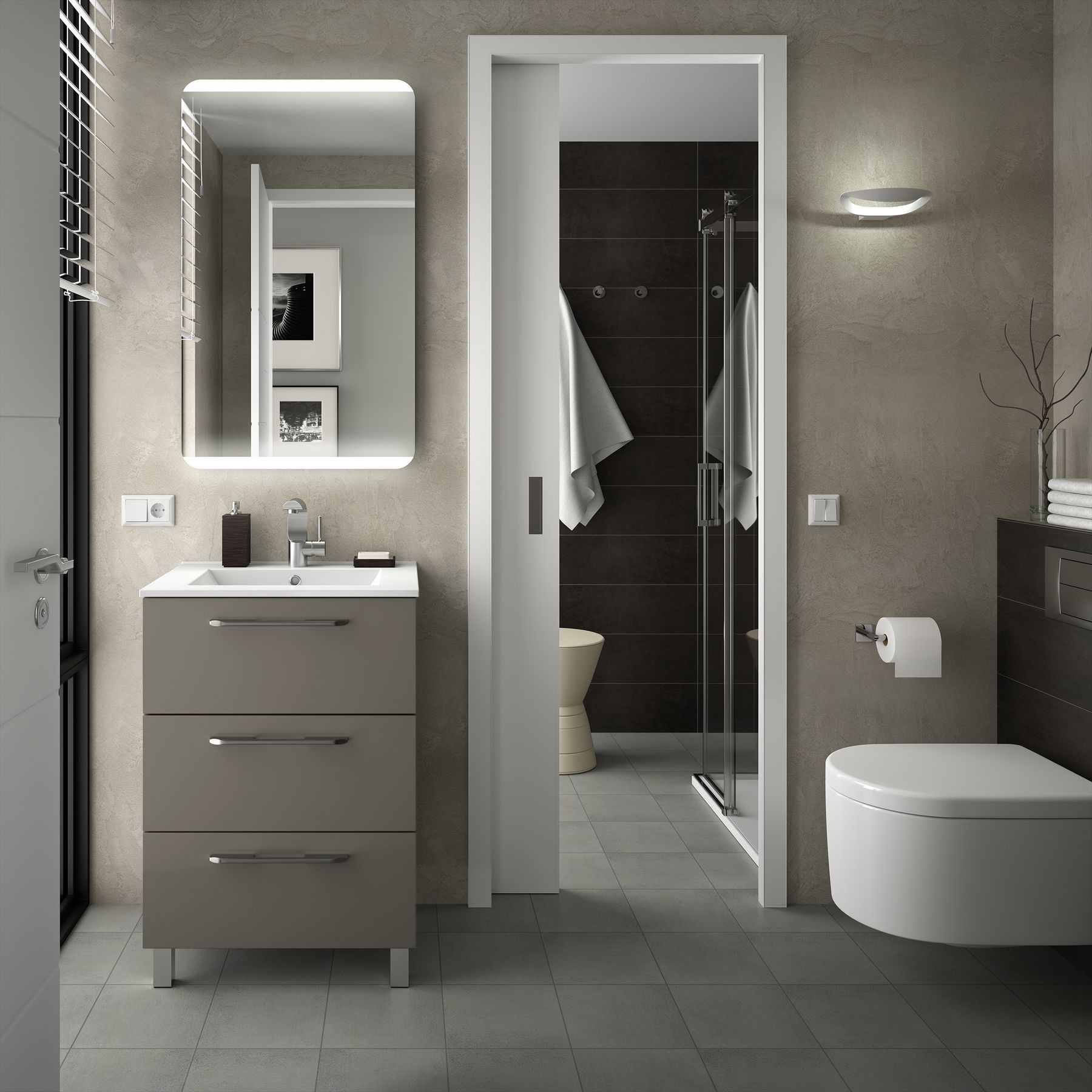 Meuble de salle de bains sous vasque suspendu Gamme PRO FUSSION CHROME 600 3 tiroirs TAUPE BRILLANT 598 x 868 x 450 mm - Réf:23245