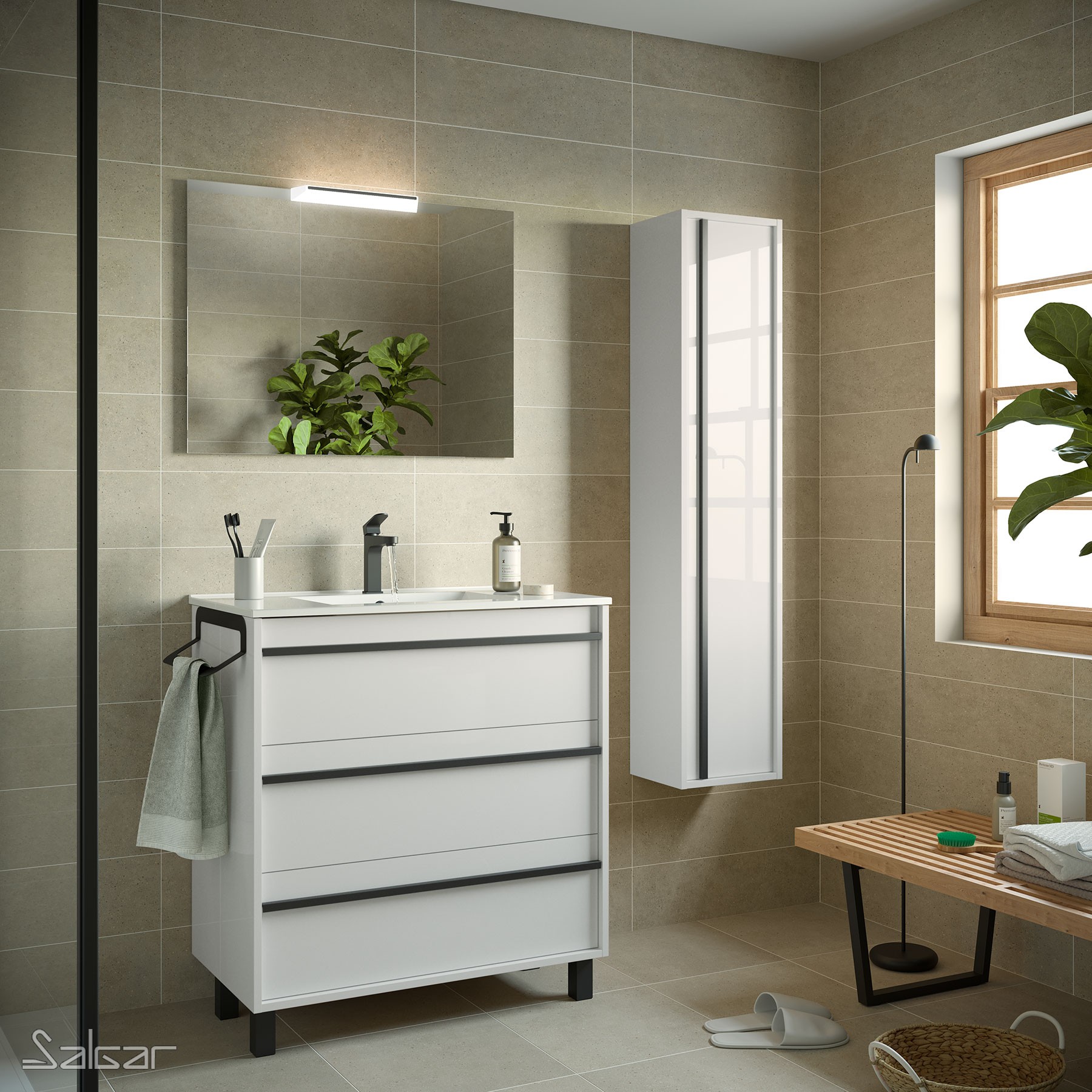 Meuble de salle de bains sous vasque gamme PRO SALGAR ATTILA sur pieds 800 blanc 3 tiroirs - Réf:90780