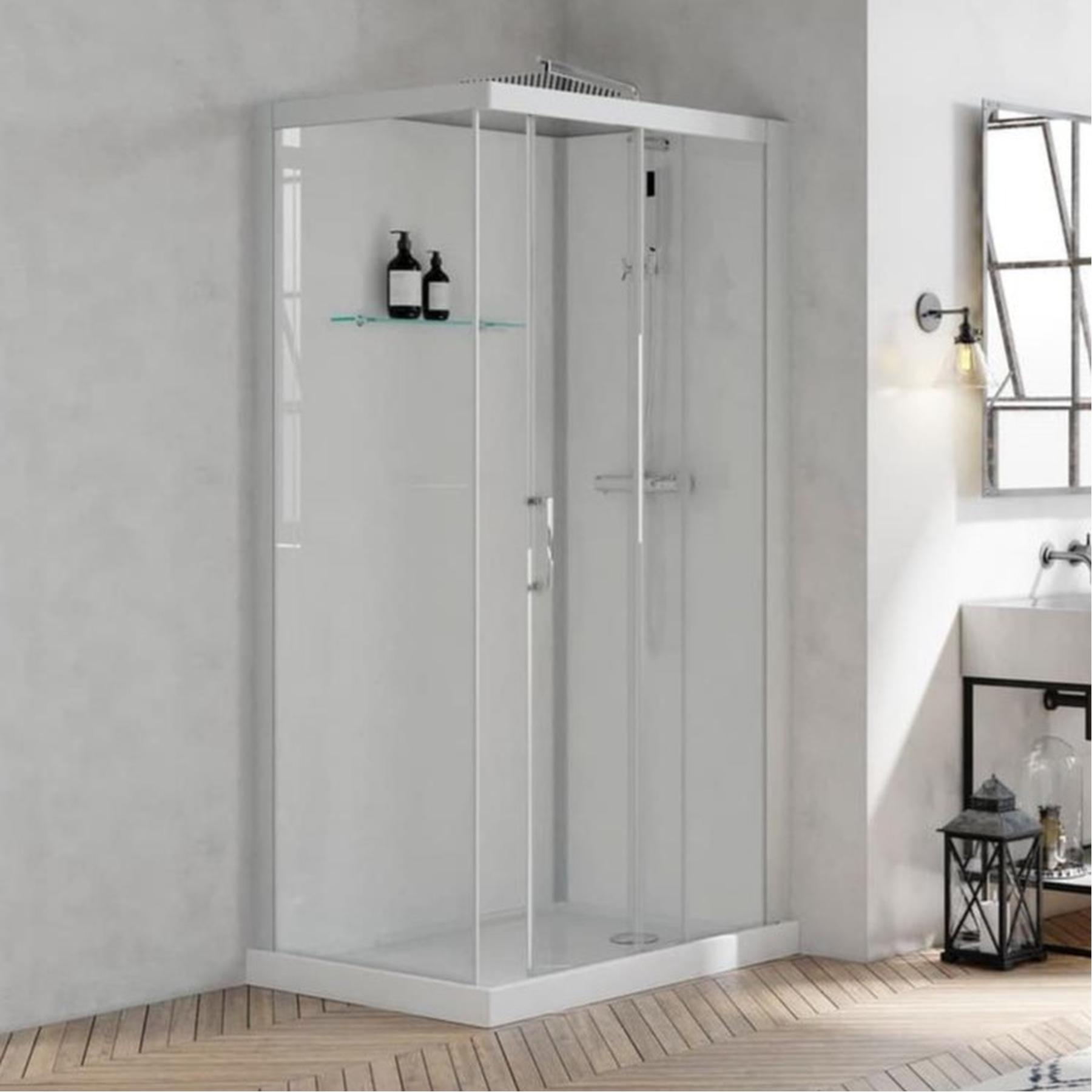Cabine de douche BROOKLYN profilés gris clair porte coulissante 120x90 8.5 cm verre transparent mitigeur thermostatique fond en verre blanc