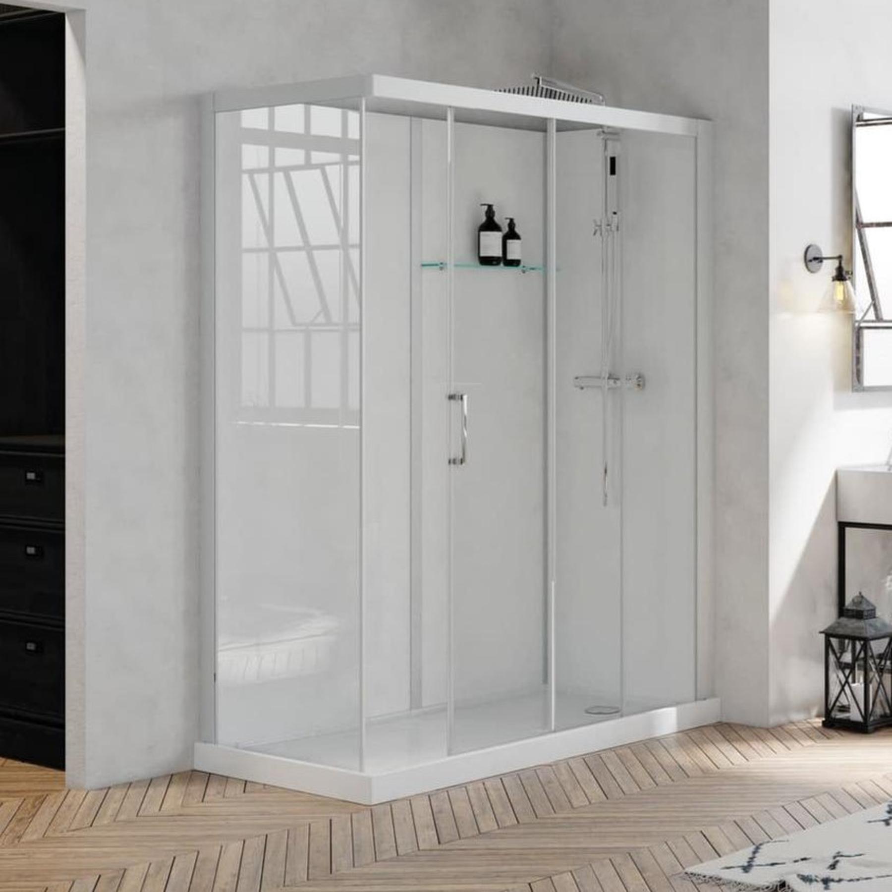 Cabine de douche BROOKLYN profilés gris clair porte coulissante 160x80 8.5 cm verre transparent mitigeur thermostatique fond en verre blanc