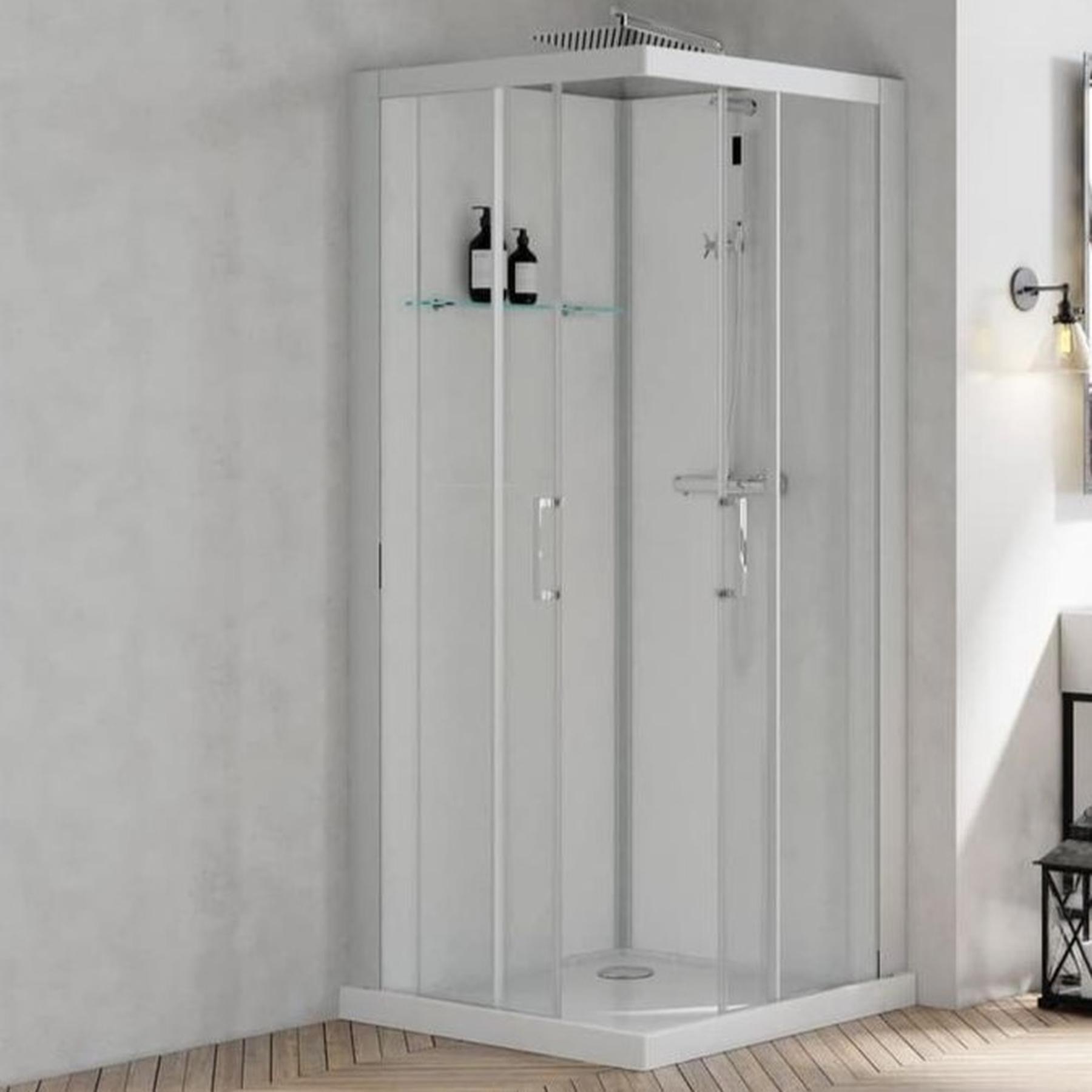 Cabine de douche BROOKLYN profilés gris clair porte coulissante 90x90 8.5 cm verre transparent mitigeur thermostatique fond en verre blanc