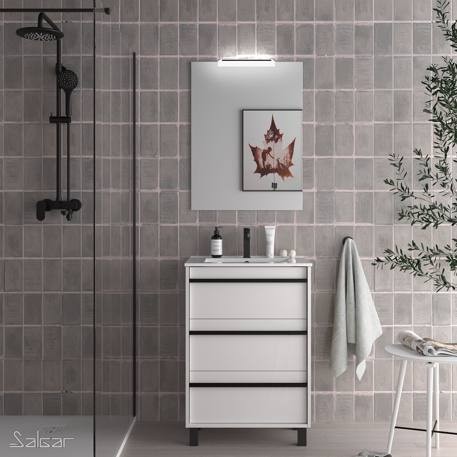 Meuble de salle de bains sous vasque gamme PRO SALGAR ATTILA sur pieds 600 blanc 3 tiroirs - Réf:90792