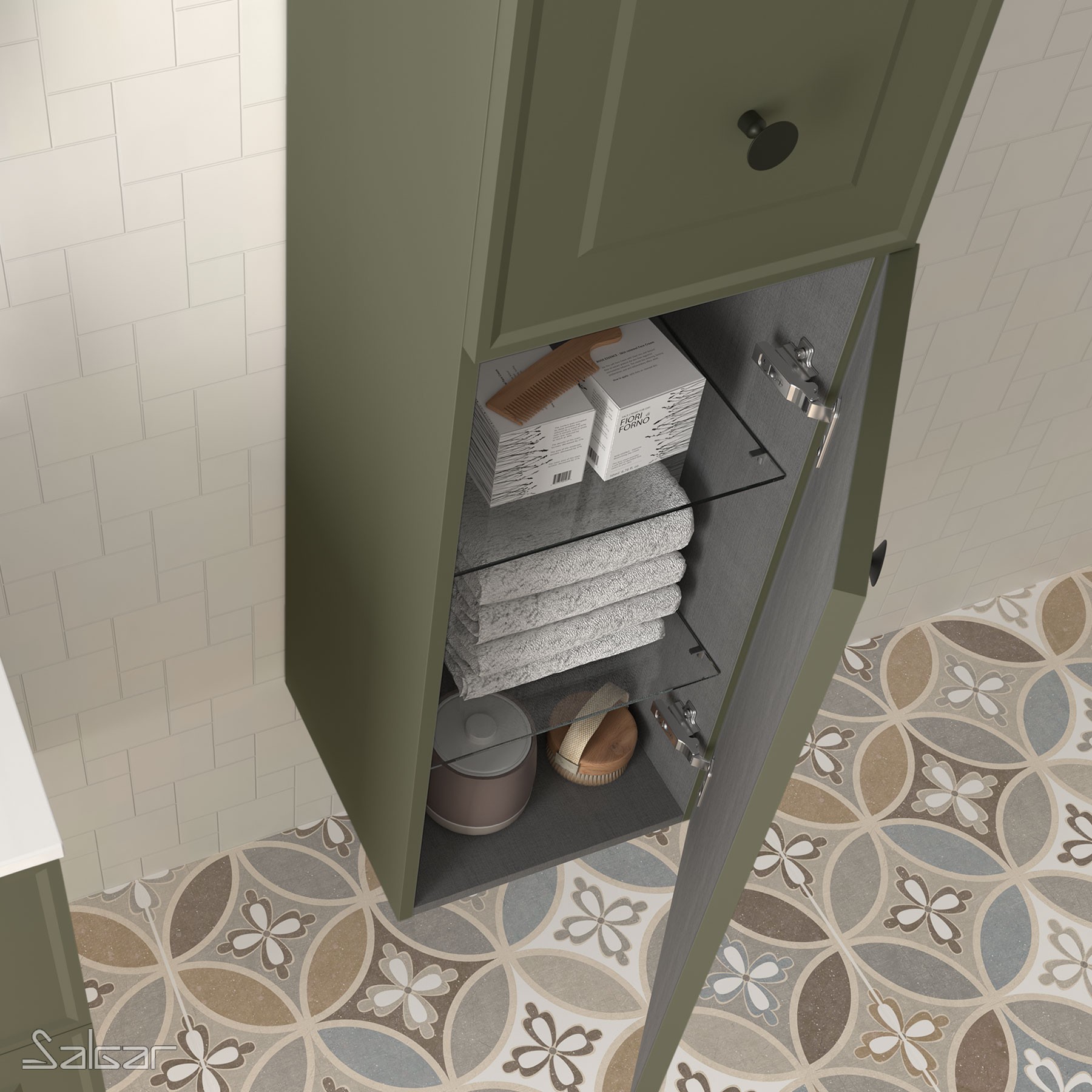 Colonne de salle de bains Gamme PRO SALGAR RENOIR 2 portes sans Poignée et fermetures amorties Green Forest - Réf:91321