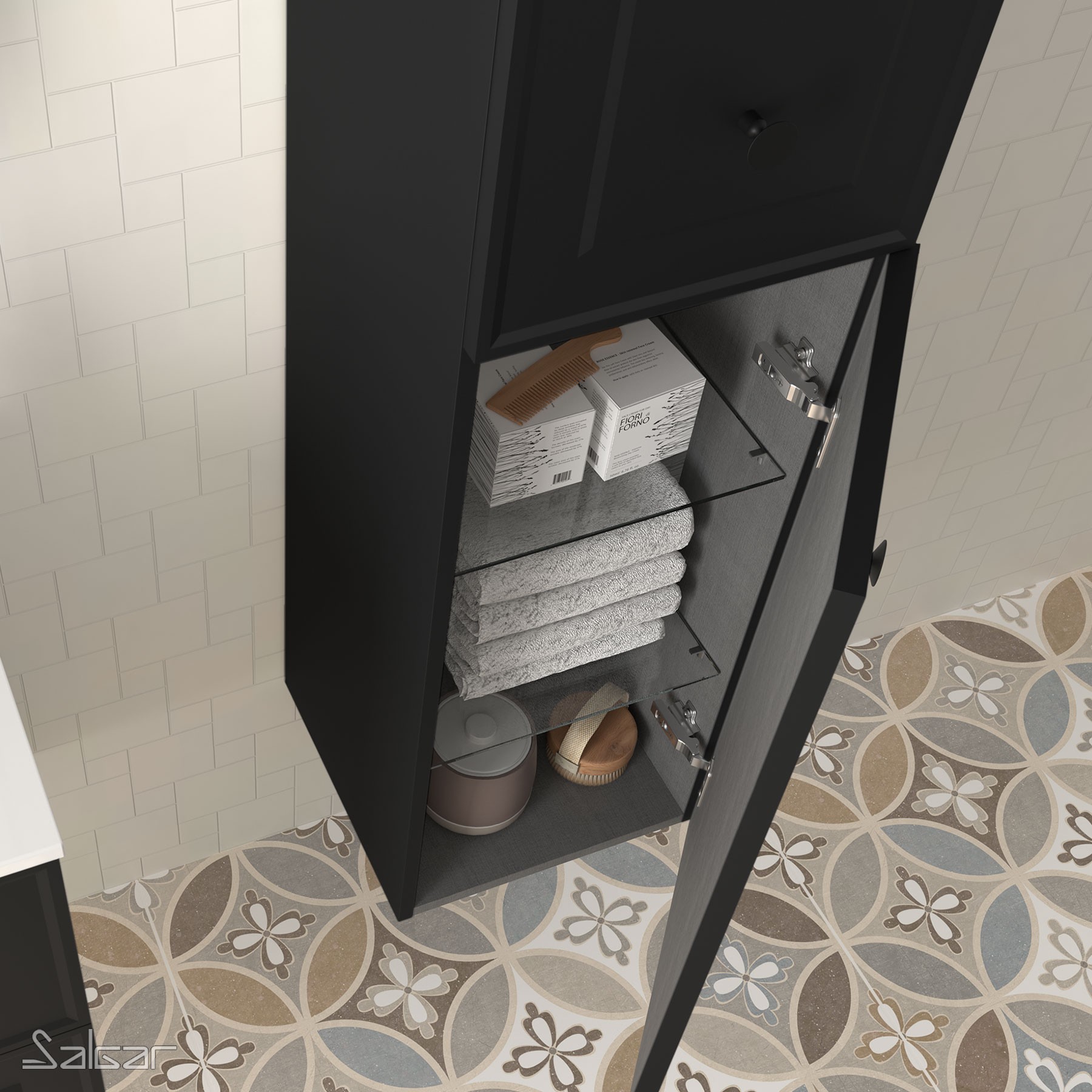 Colonne de salle de bains Gamme PRO SALGAR RENOIR 2 portes sans Poignée et fermetures amorties BLACK VELVET - Réf:91318