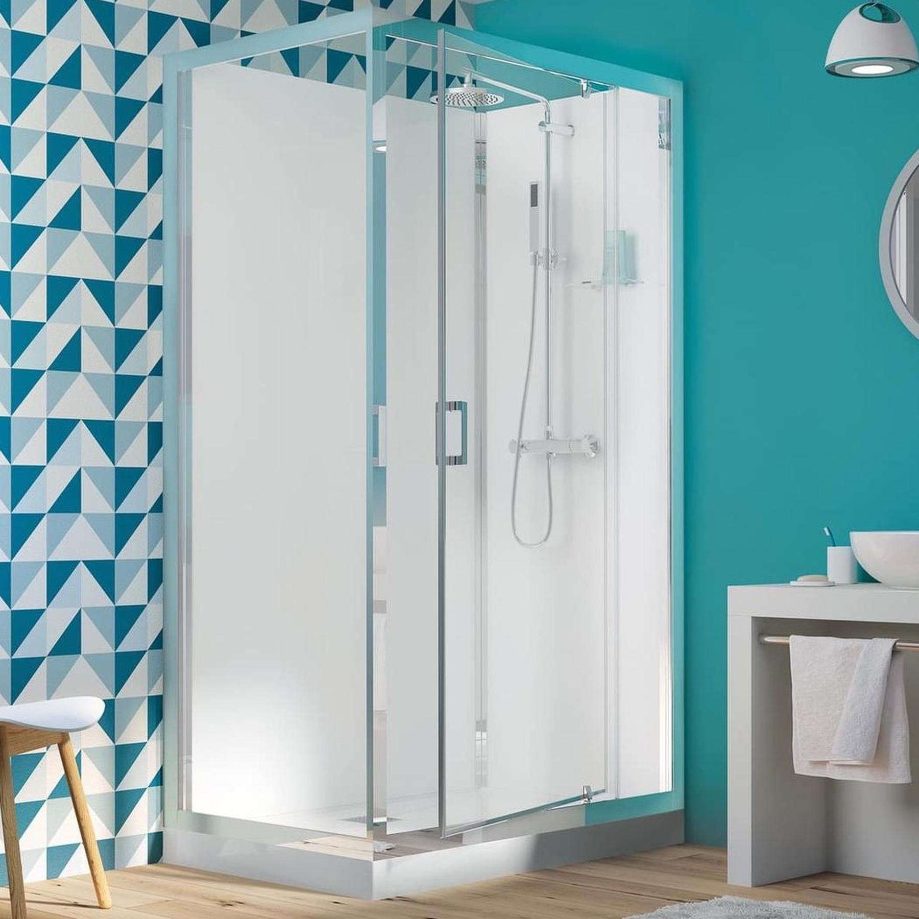 Cabine de douche complète prête à poser EDEN porte pivotante poignées métal chromées receveur de douche 120x90 hauteur 9 cm