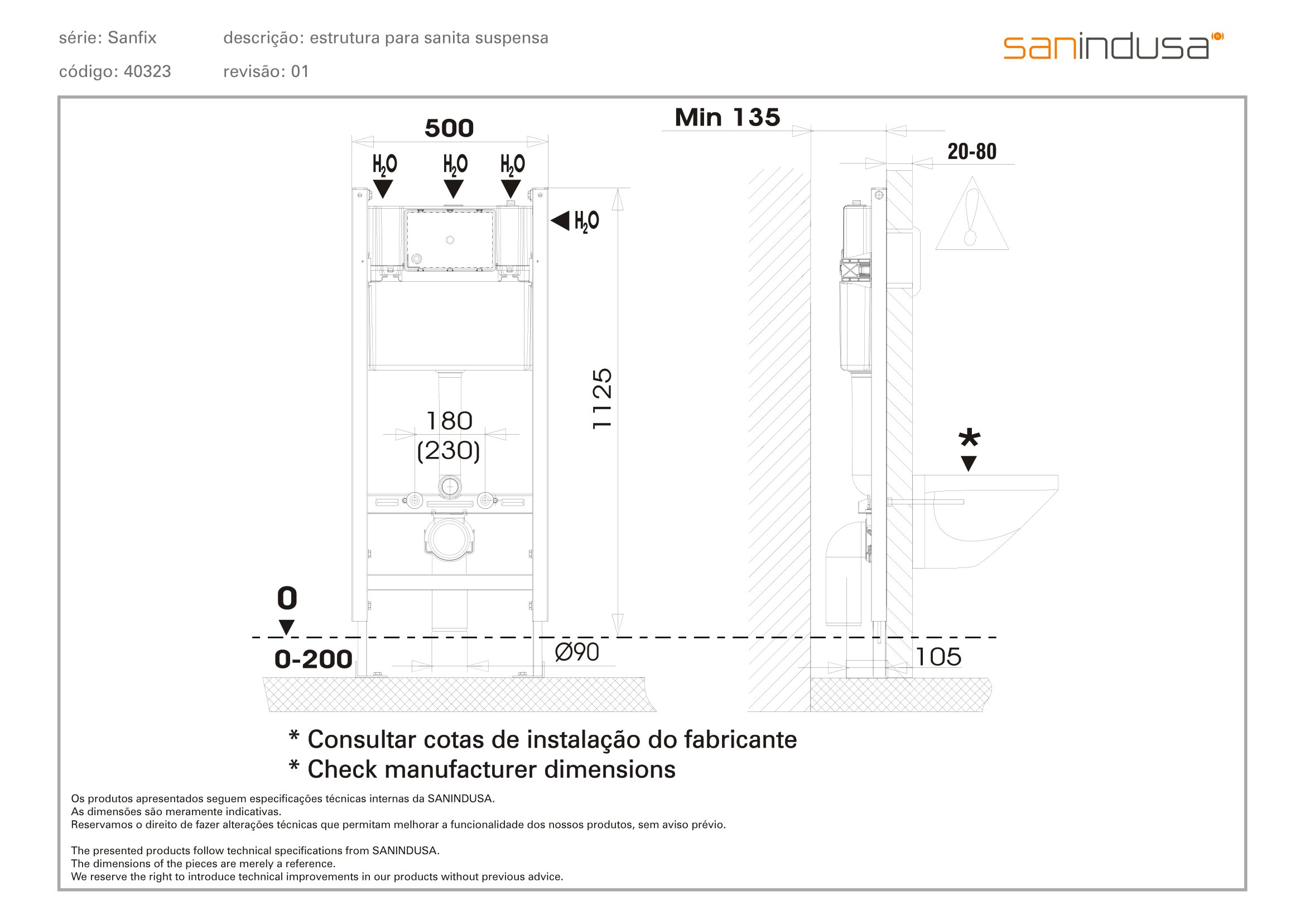 Bâti support SANFIx autoportant avec Réservoir de WC décharge latérale pour Cuvette de WC suspendue  