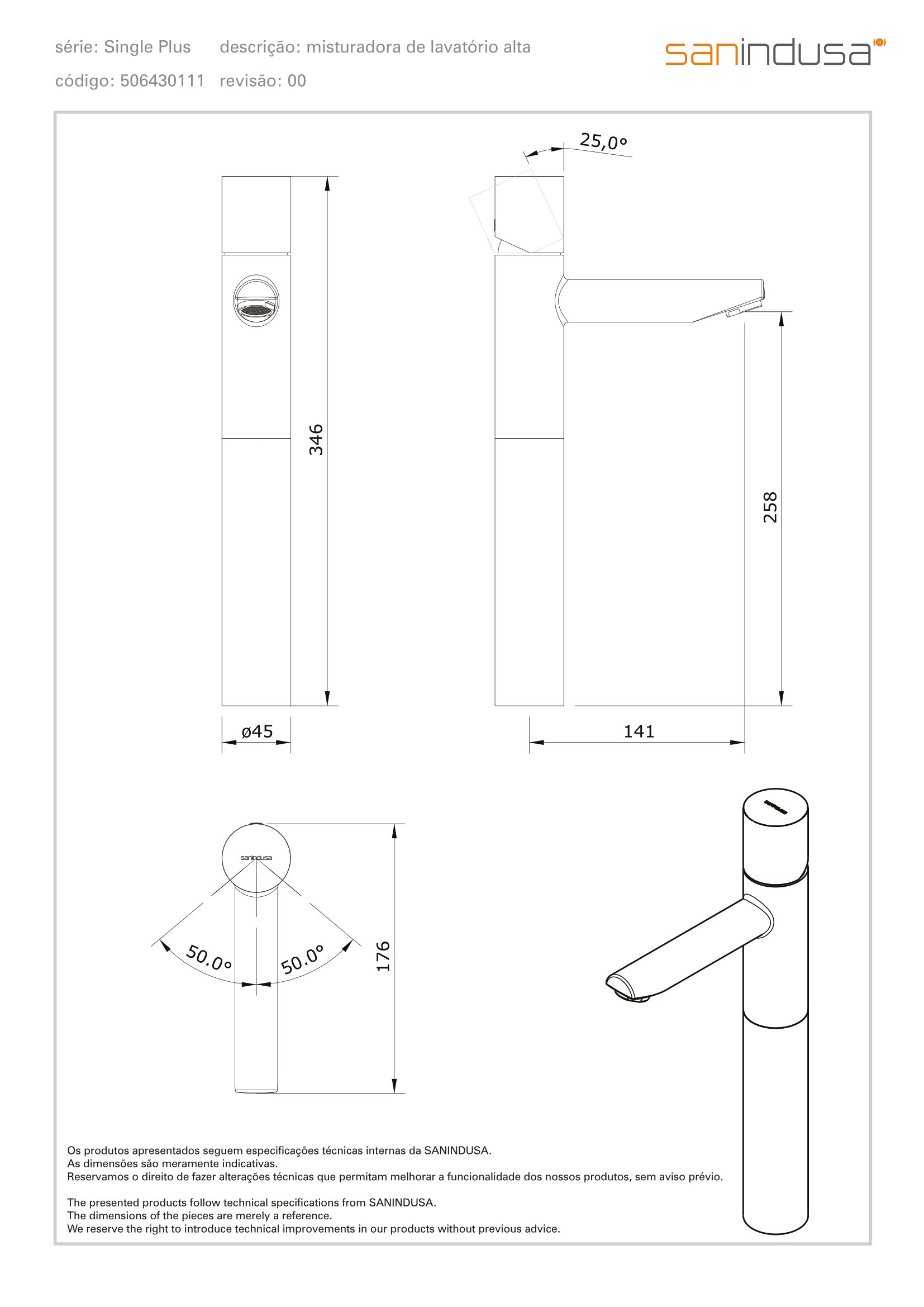 Mitigeur lavabo Gamme PRO SANINDUSA corps haut Single Plus chrome pour vasque sur plan    
