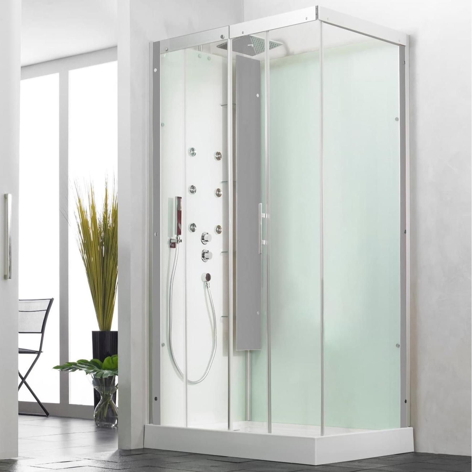 Cabine de douche complète HORIZON receveur de douche 120x120 hauteur 12.5 cm porte coulissante douche hydromassante finition Acier