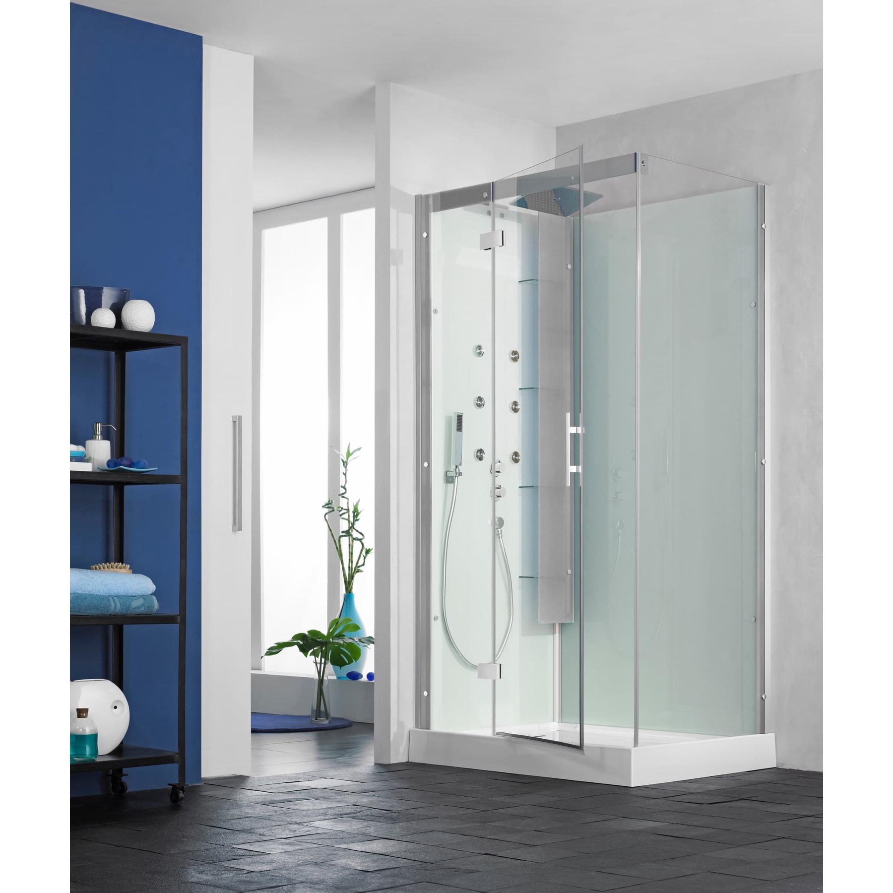 Cabine de douche complète HORIZON receveur de douche 110x110 hauteur 12.5 cm douche hydromassante finition Acier