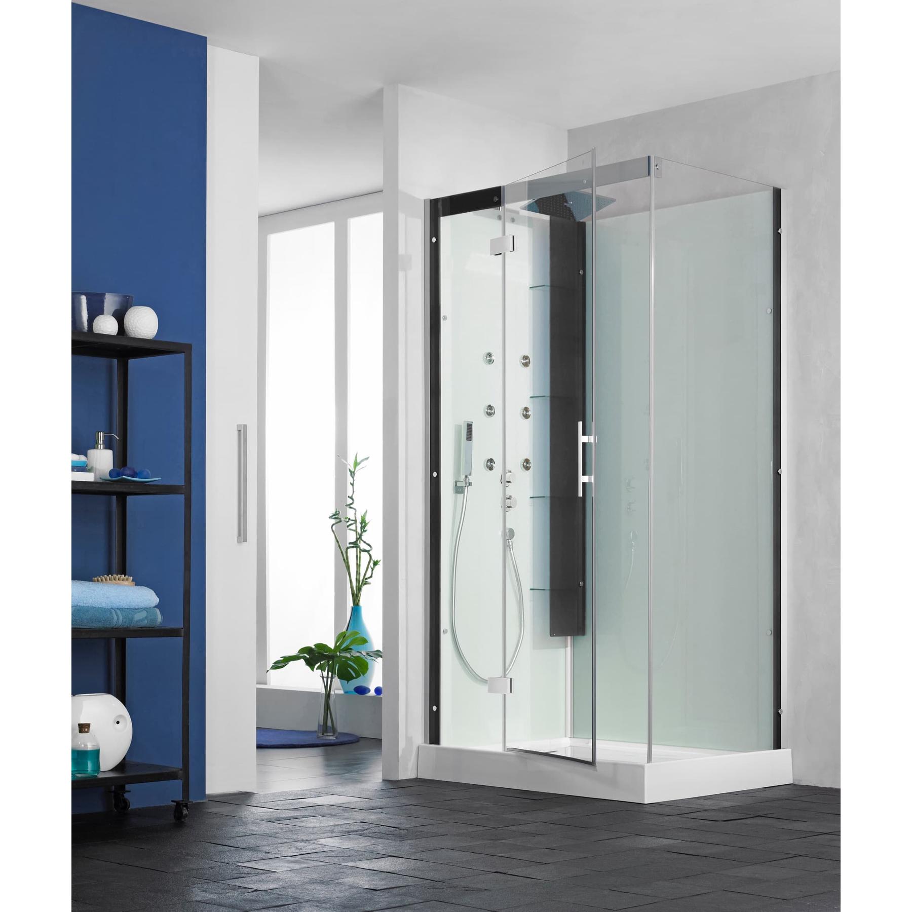 Cabine de douche complète HORIZON receveur de douche 120x120 hauteur 12.5 cm porte coulissante douche hydromassante finition Perle Noire