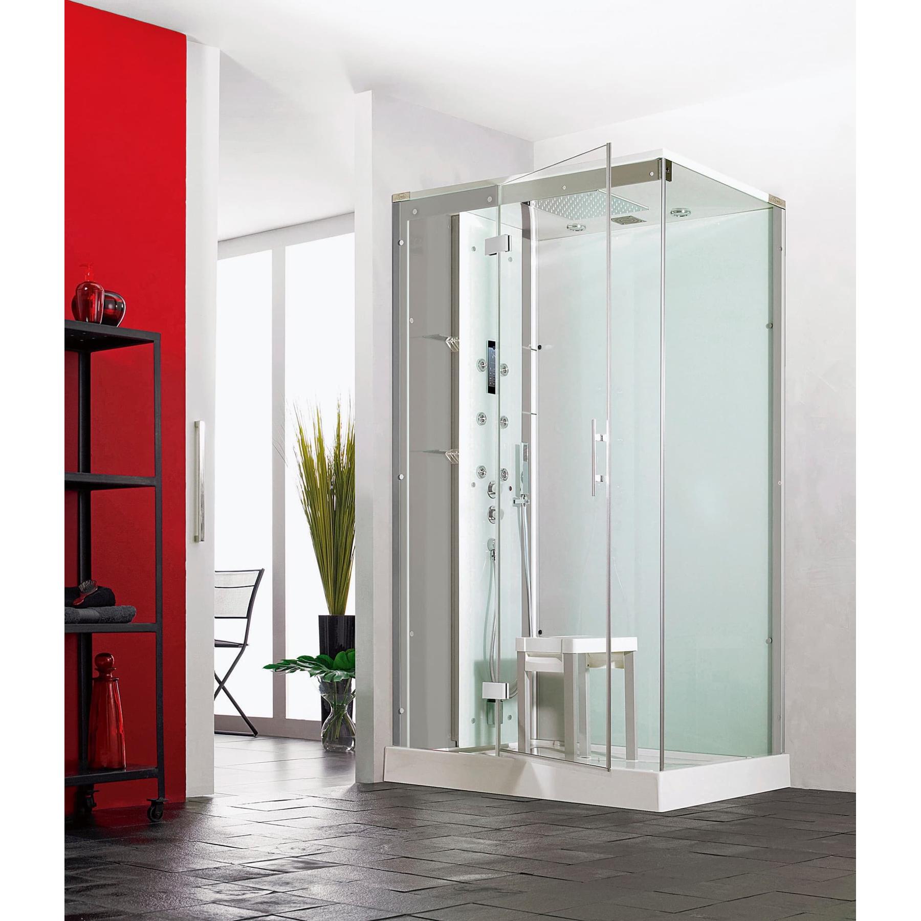 Cabine de douche complète HORIZON receveur de douche 120x120 hauteur 12.5 cm porte pivotante douche hydromassante finition Acier