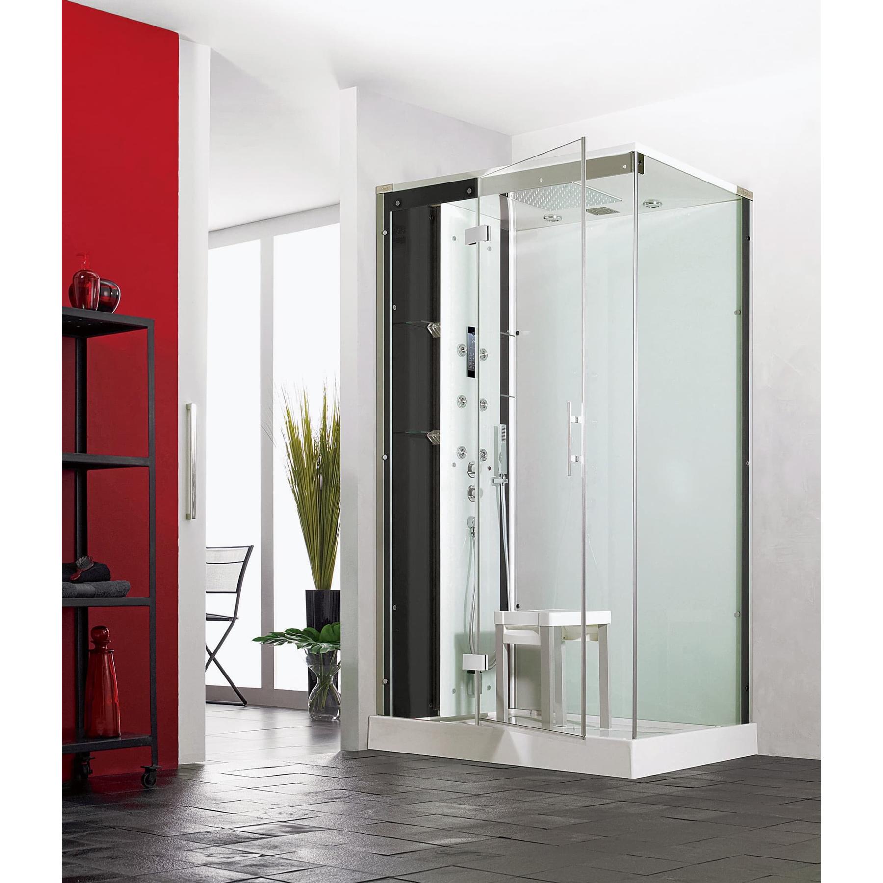 Cabine de douche complète HORIZON receveur de douche 120x120 hauteur 12.5 cm porte pivotante douche hydromassante finition Perle Noire