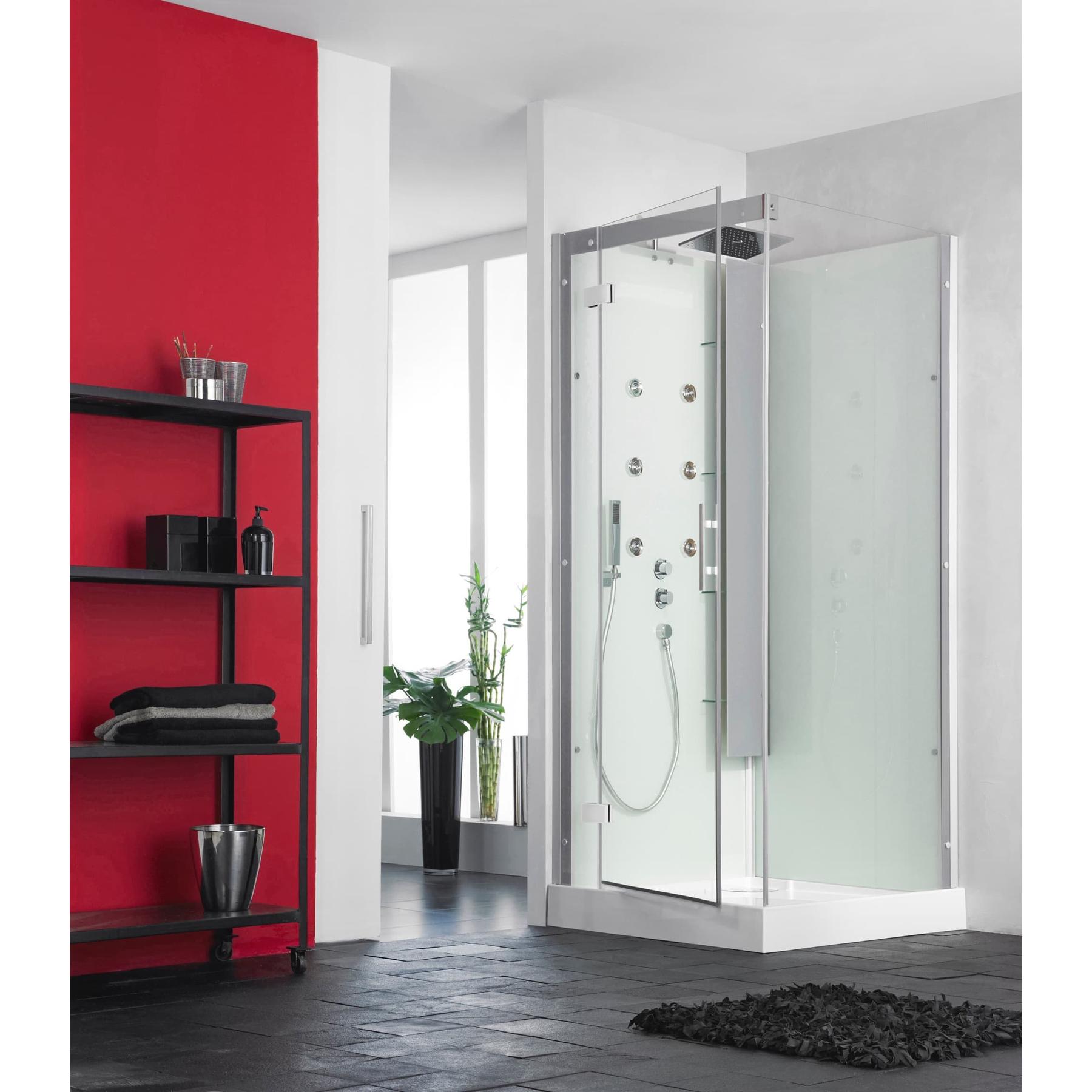 Cabine de douche complète HORIZON porte pivotante receveur 80x80 hauteur 12.5 cm douche hydromassante finition Acier
