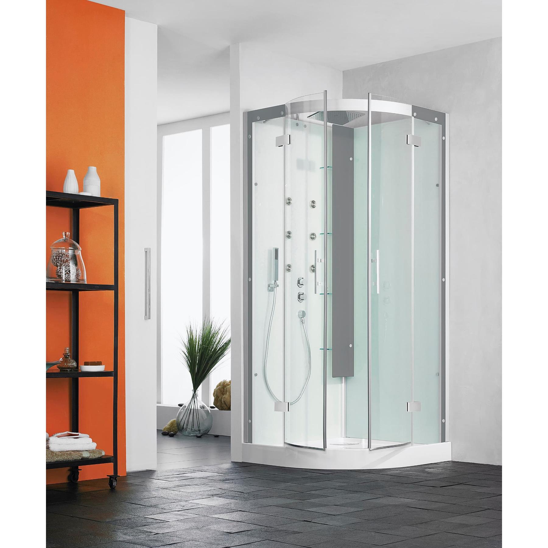 Cabine de douche complète HORIZON receveur de douche 1/4 de rond 90x90 hauteur 12.5 cm douche hydromassante finition Acier