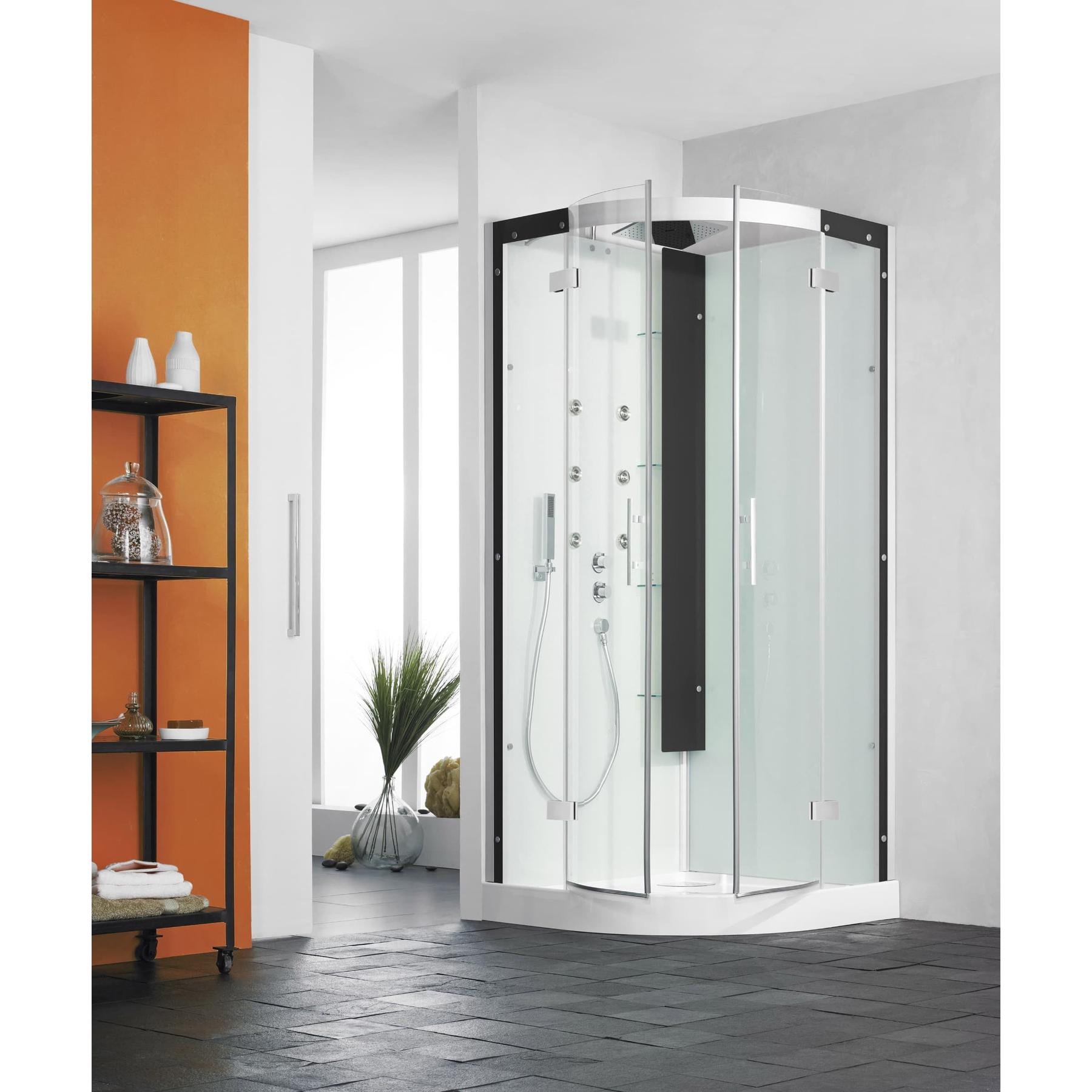 Cabine de douche complète HORIZON receveur de douche 1/4 de rond 90x90 hauteur 12.5 cm douche hydromassante finition Perle Noire