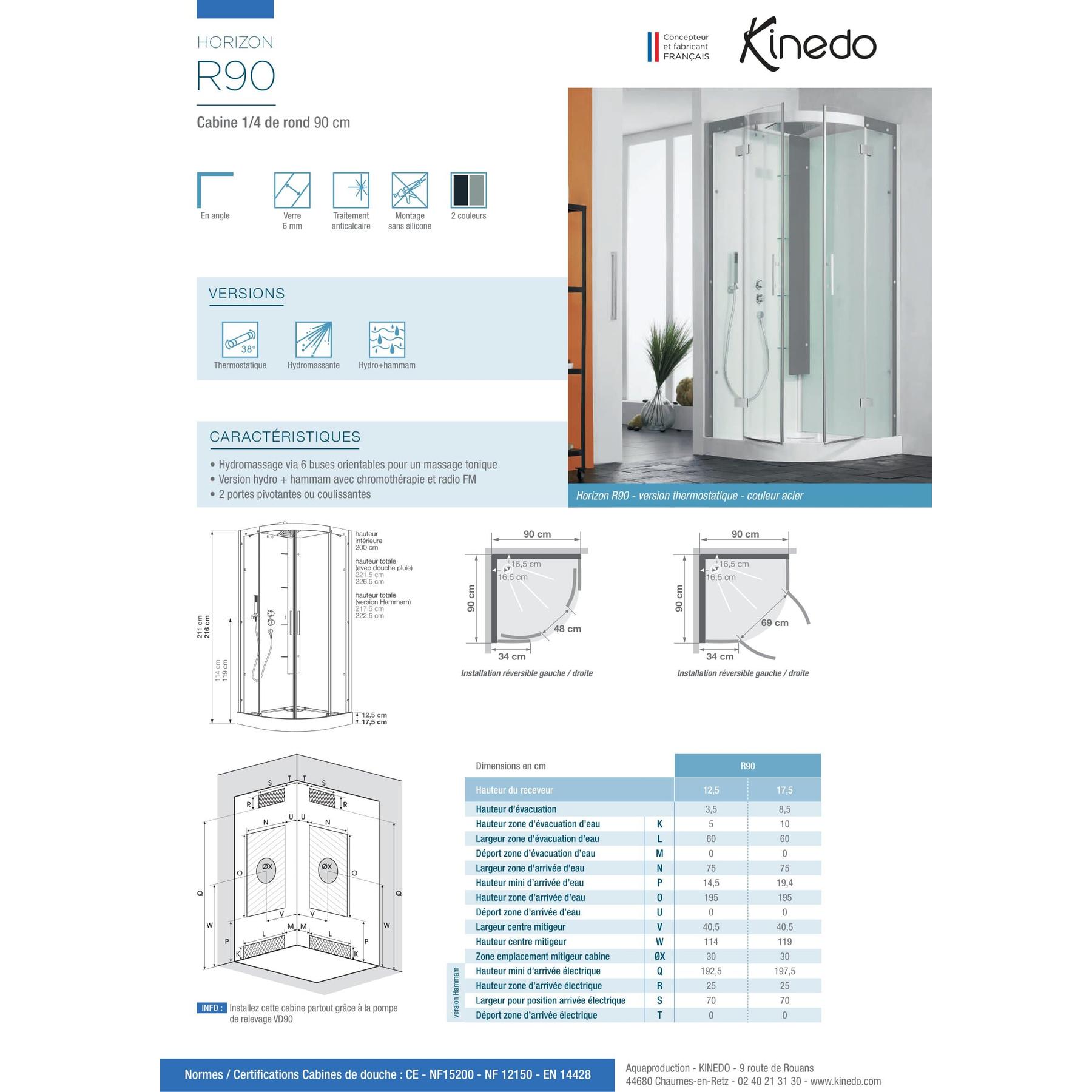 Cabine de douche complète HORIZON porte pivotante receveur 90x90 hauteur 12.5 cm 1/4 de rond douche hydromassante finition Acier