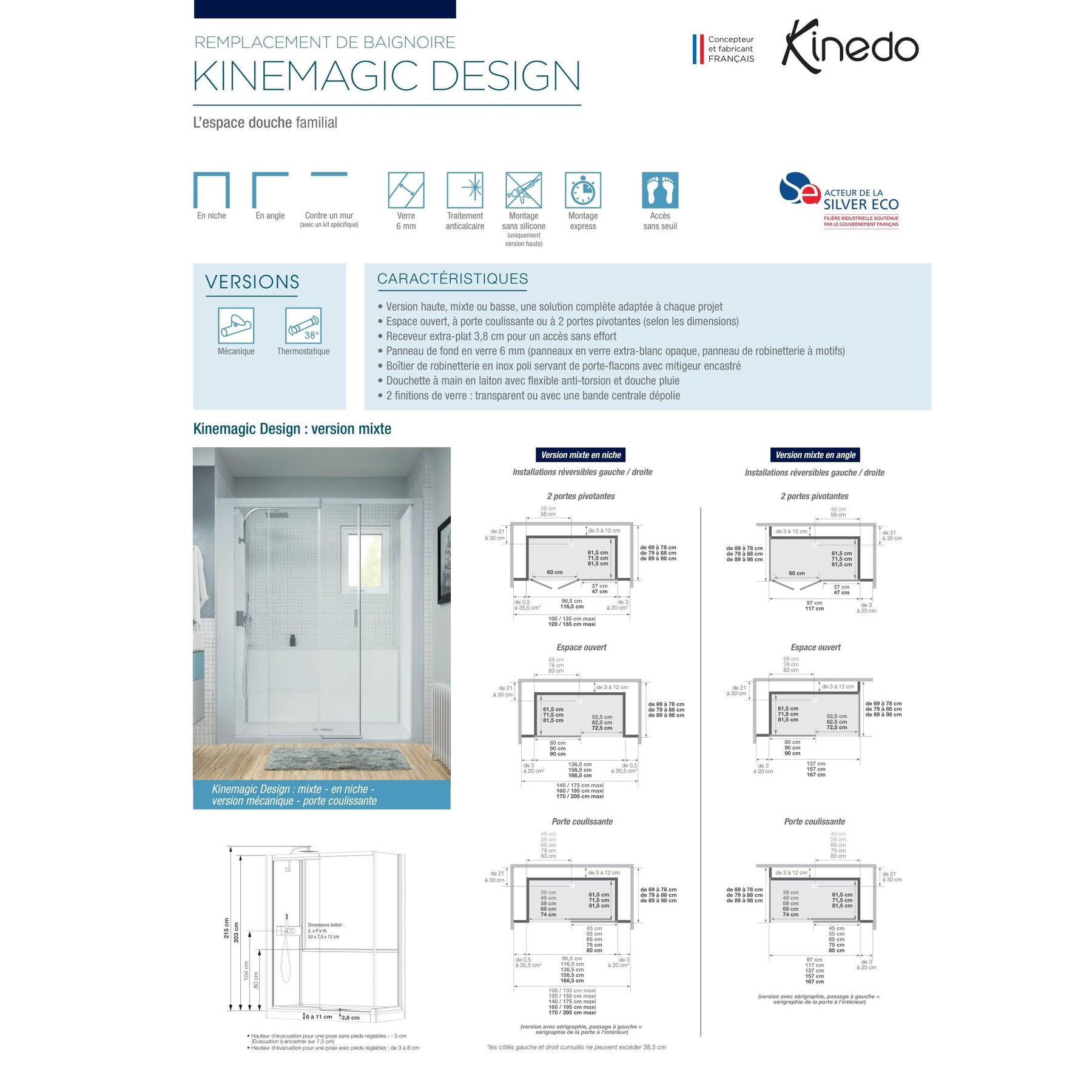 Cabine de douche d'angle complète KINEMAGIC Design 100x70 Angle Coulissant Basse Dépoli 1 bande mitigeur thermostatique 