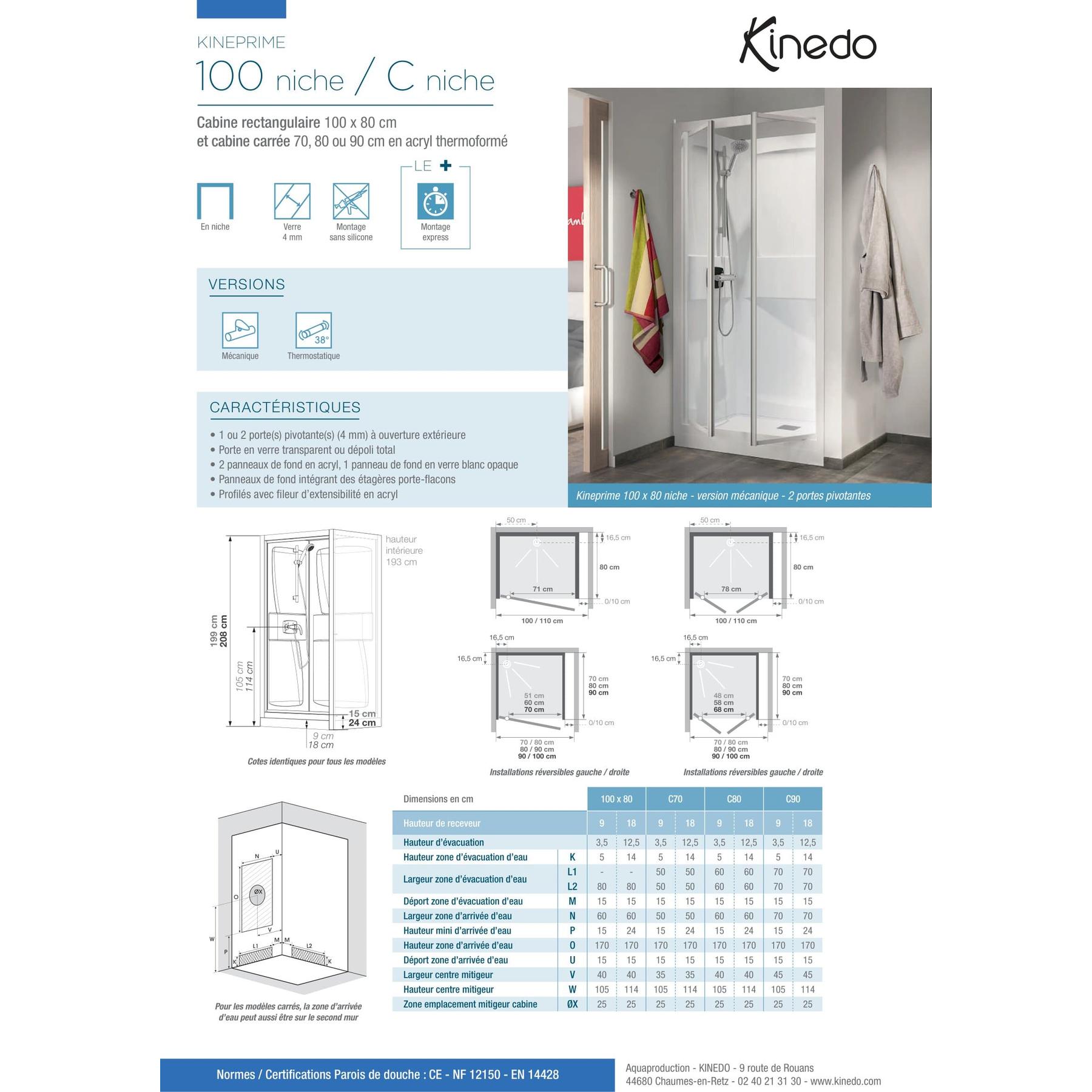 Cabine de douche complète KINEPRIME porte pivotante receveur 70x70 hauteur 18 cm équipé mitigeur mécanique verre transparent
