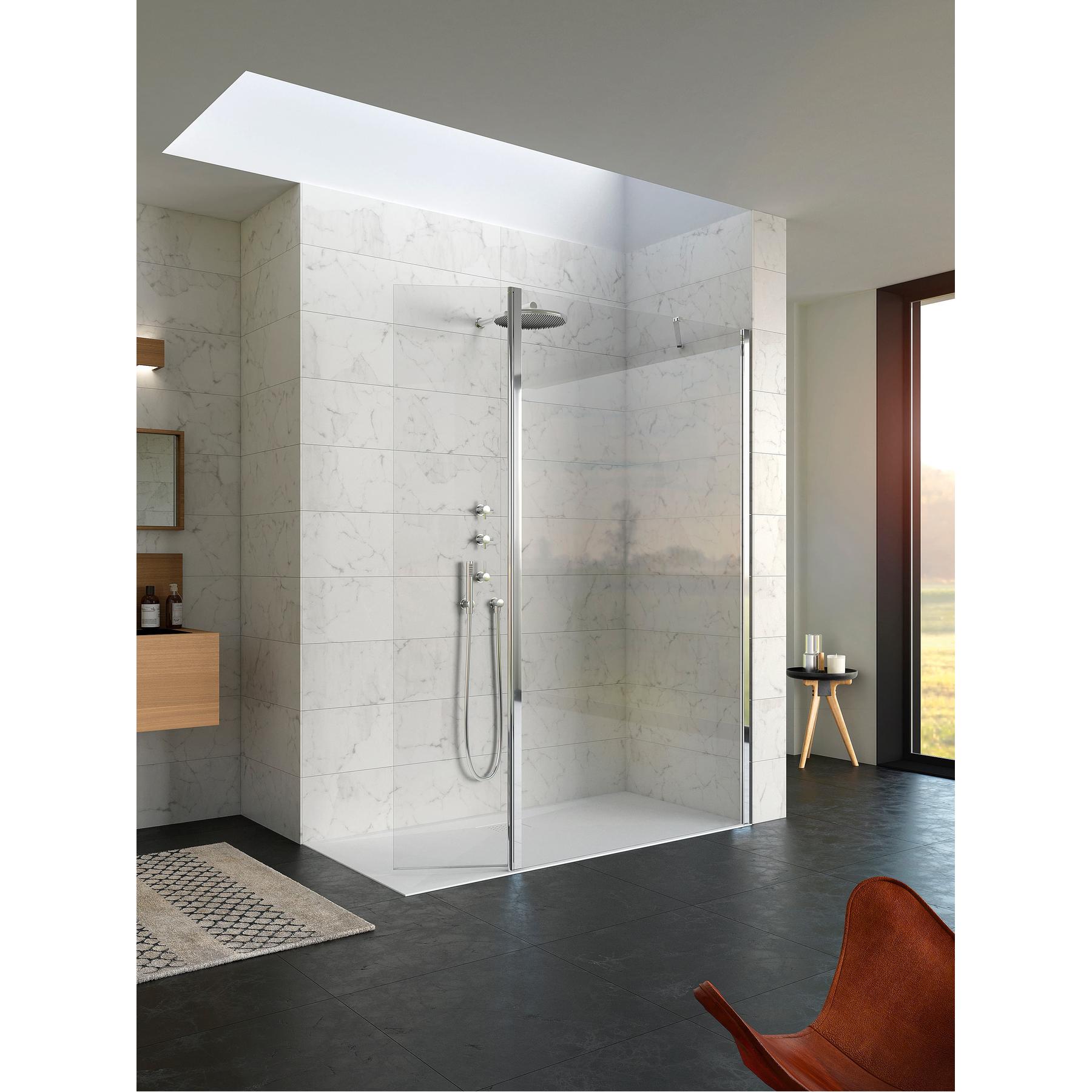 Paroi de douche fixe hauteur 2m largeur 1.60m avec porte pivotante 180 KINEQUARTZ Duo fixation à droite sur profilé mural chromé verre transparent