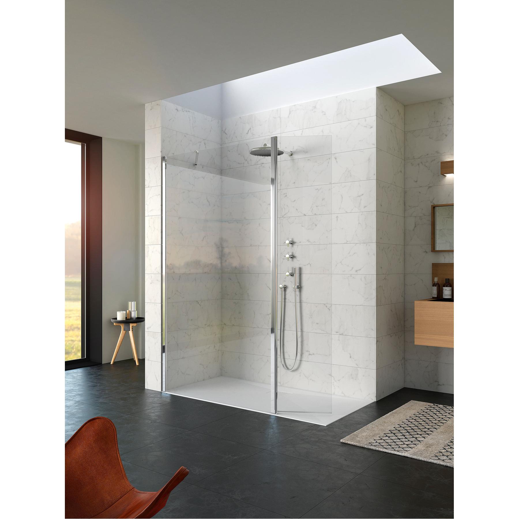 Paroi de douche fixe hauteur 2m largeur 90 cm avec porte pivotante à 180 KINEQUARTZ Duo fixation à gauche sur profilé mural chromé verre transparent