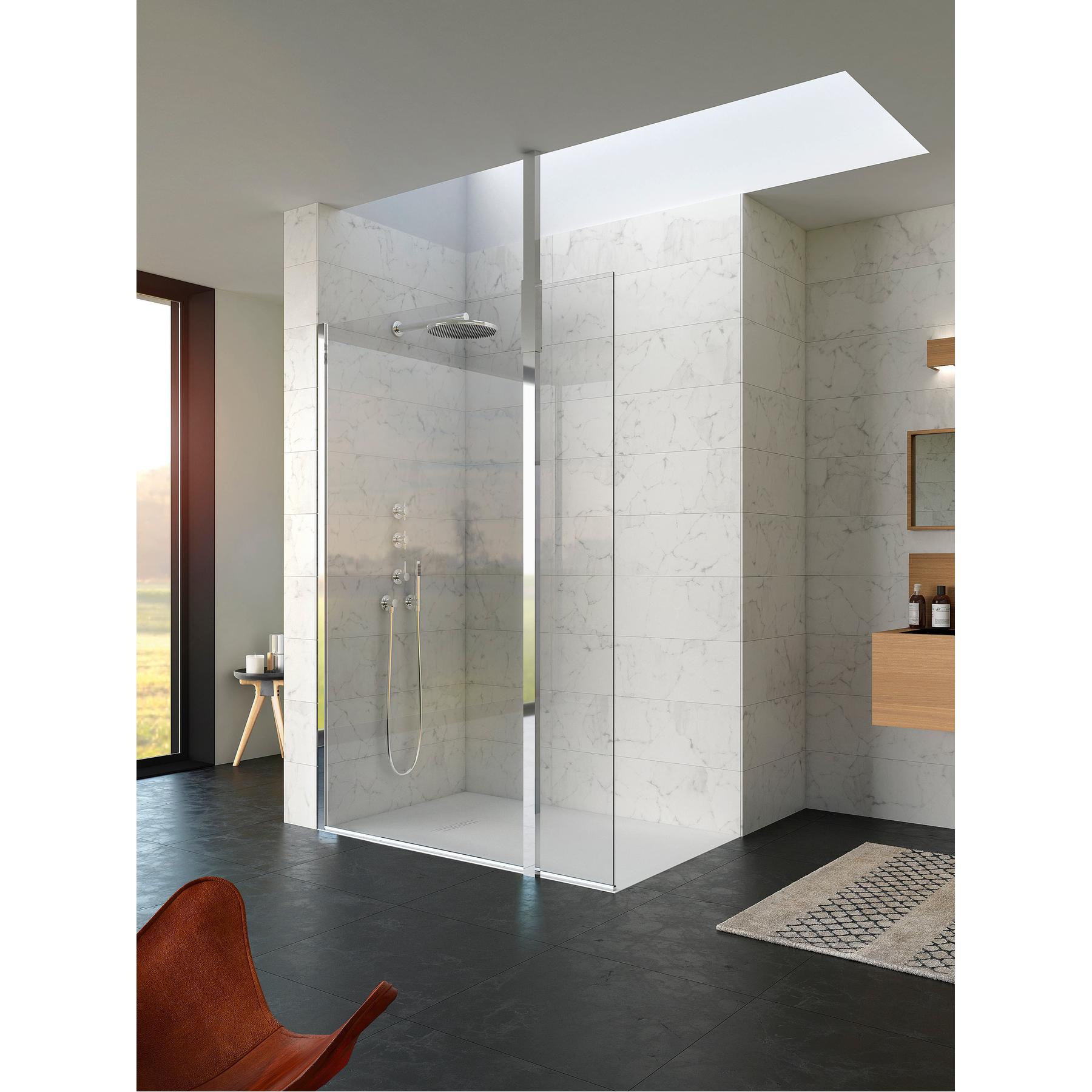 Paroi de douche fixe KINEQUARTZ Solo largeur 70 cm hauteur 2.00m verre ultra clair anticalcaire + fixation par mat sol et plafond