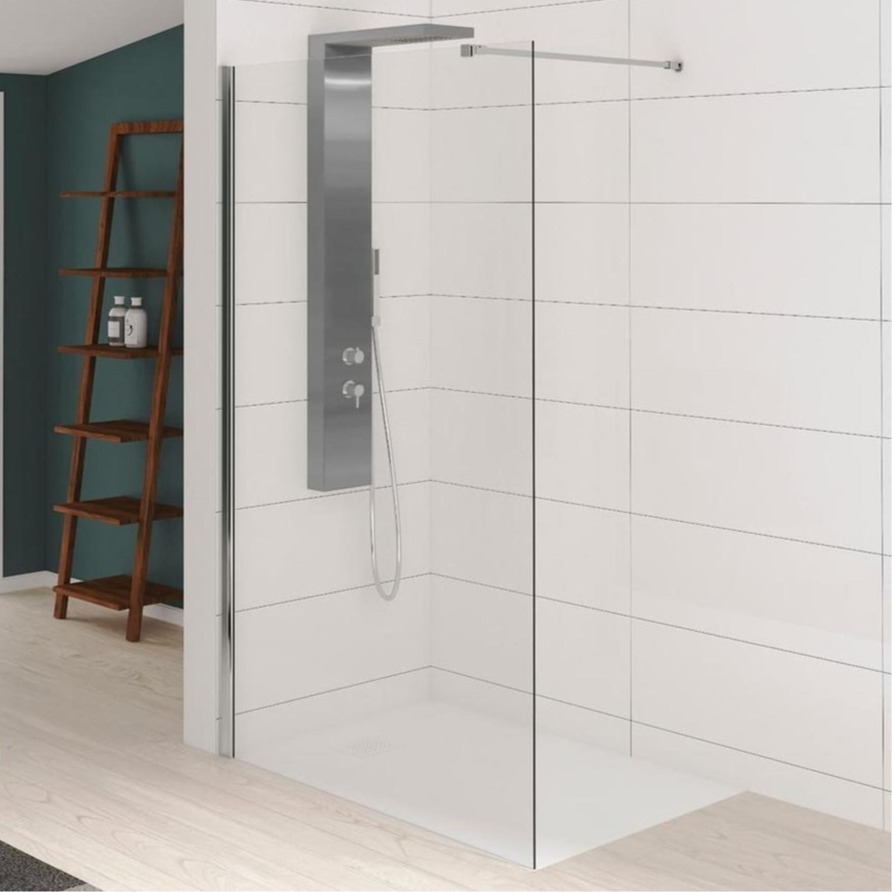 Paroi de douche fixe KINESTYLE Solo hauteur 2.00m largeur 1.40m et profilé chromé et verre transparent barre de renfort à droite