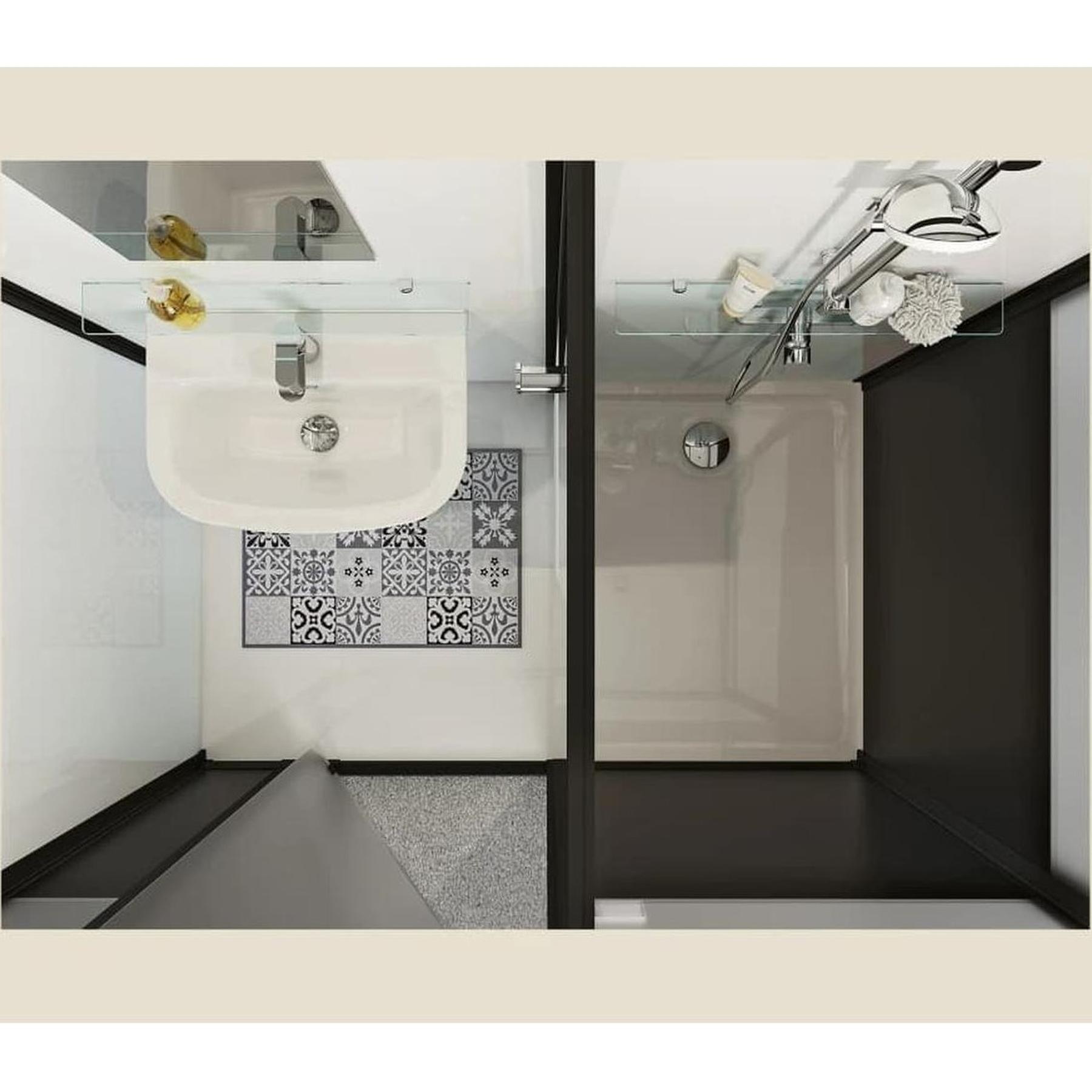 Salle de bain en niche MODULO Luxe 200x100 VH douche à gauche. meuble vasque. WC (avec broyeur) et sèche serviettes à gauche profilé noir verre noir