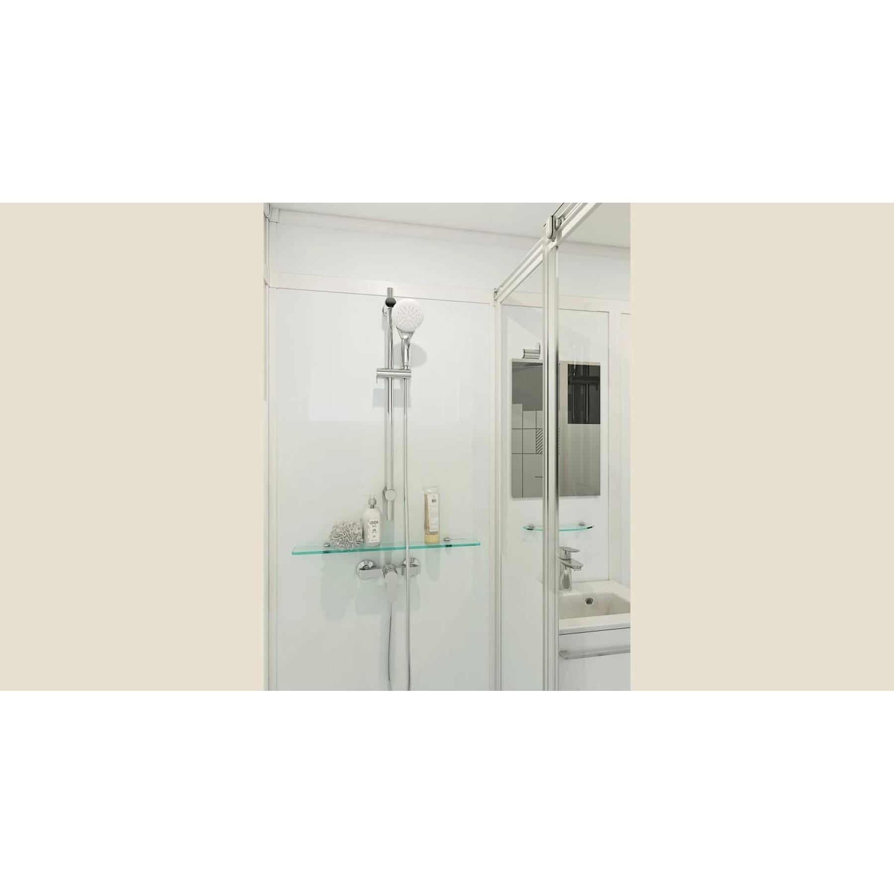 Salle de bain d'angle MODULO Luxe 170x100 VH avec pompe douche à droite et meuble vasque et sèche serviettes gauche profilé noir verre blanc dépoli