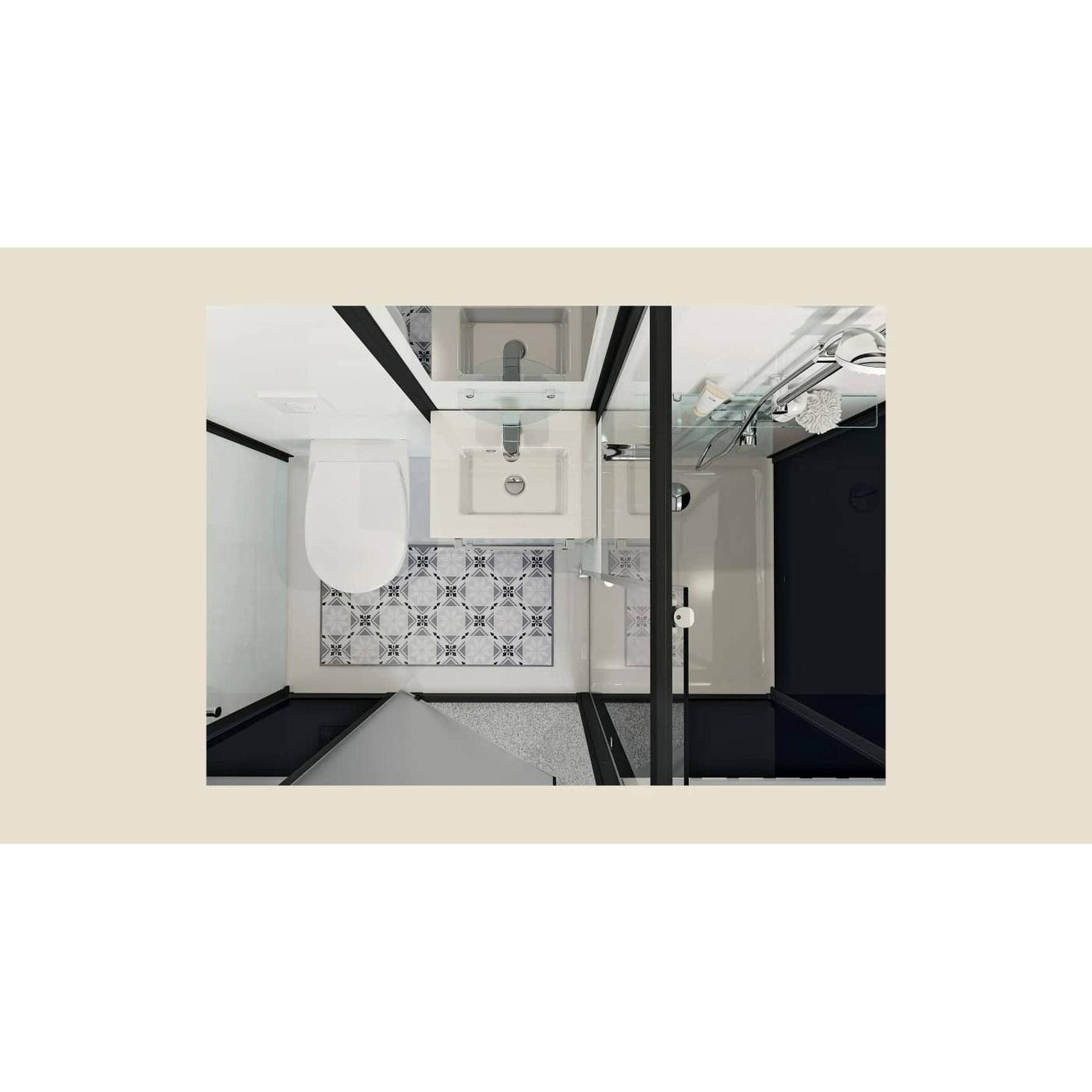 Salle de bain d'angle MODULO Luxe 170x100 VH avec pompe douche à gauche et meuble vasque et sèche serviettes droite profilé blanc verre blanc dépoli