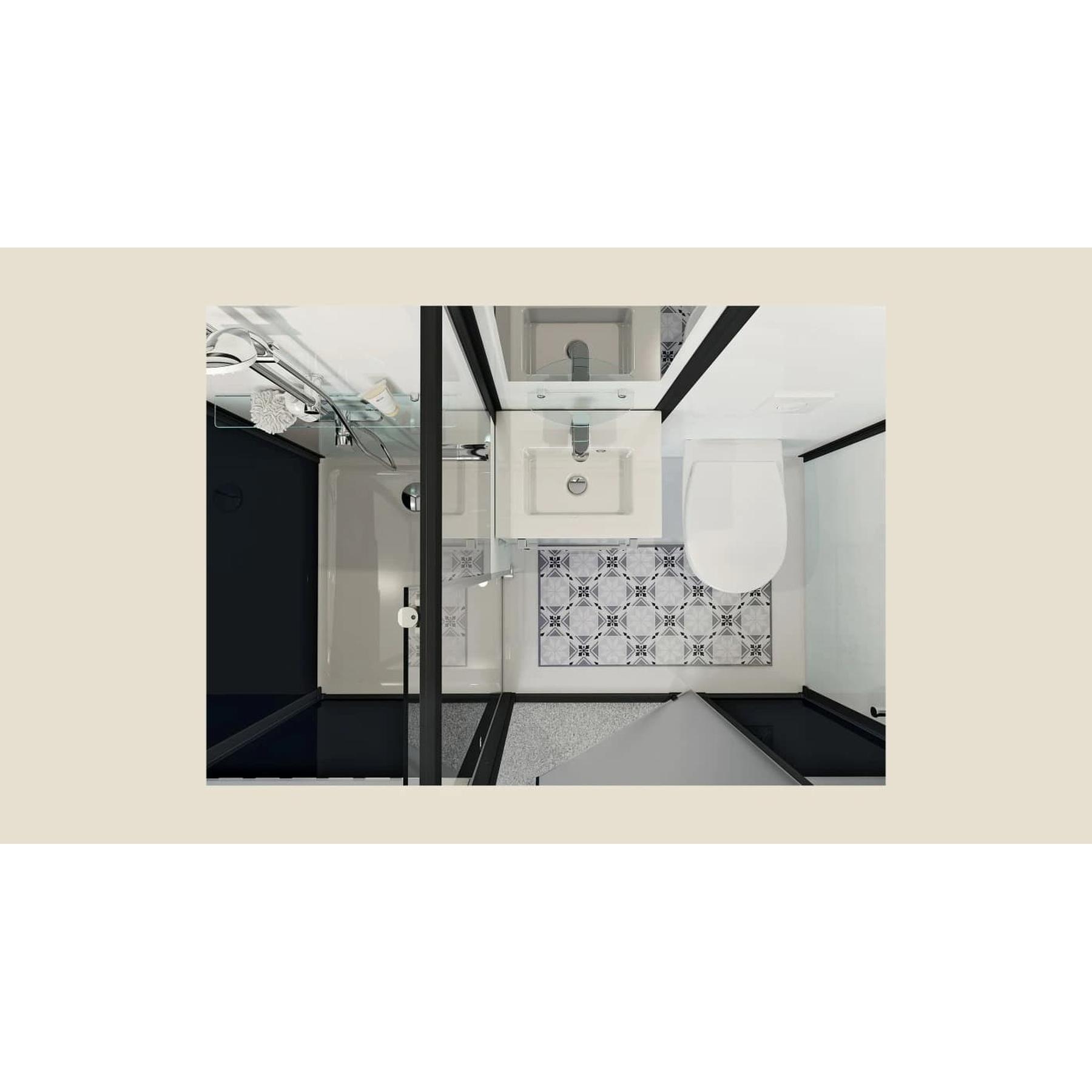 Salle de bain d'angle MODULO Luxe 200x100 VH douche à droite. meuble vasque. WC (avec broyeur) et sèche serviettes à gauche profilé noir verre noir