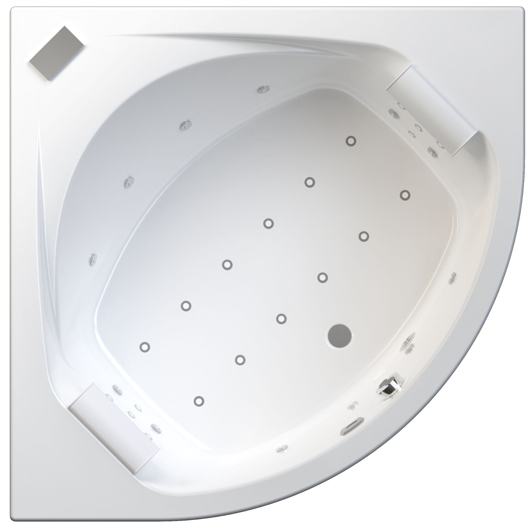 Baignoire balnéo d'angle symétrique OTEA 140x140 sur châssis métal, système balnéo SENSATION AIR POOL tête bain à gauche ou à droite