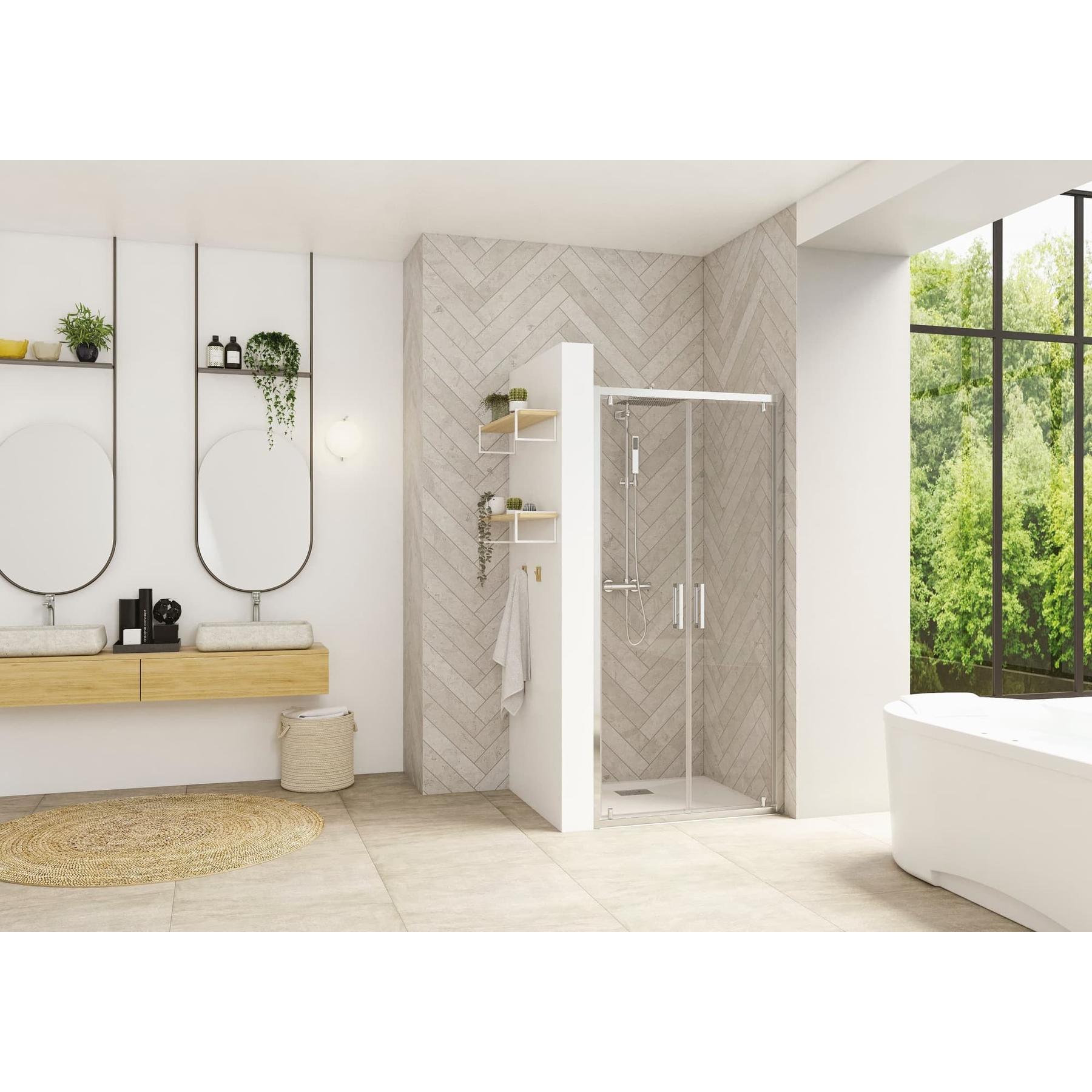 Porte de douche porte pivotante 2 vantaux SMART Design largeur 1.00m hauteur 2.05m profilé blanc verre 6mm anti calcaire transparent 