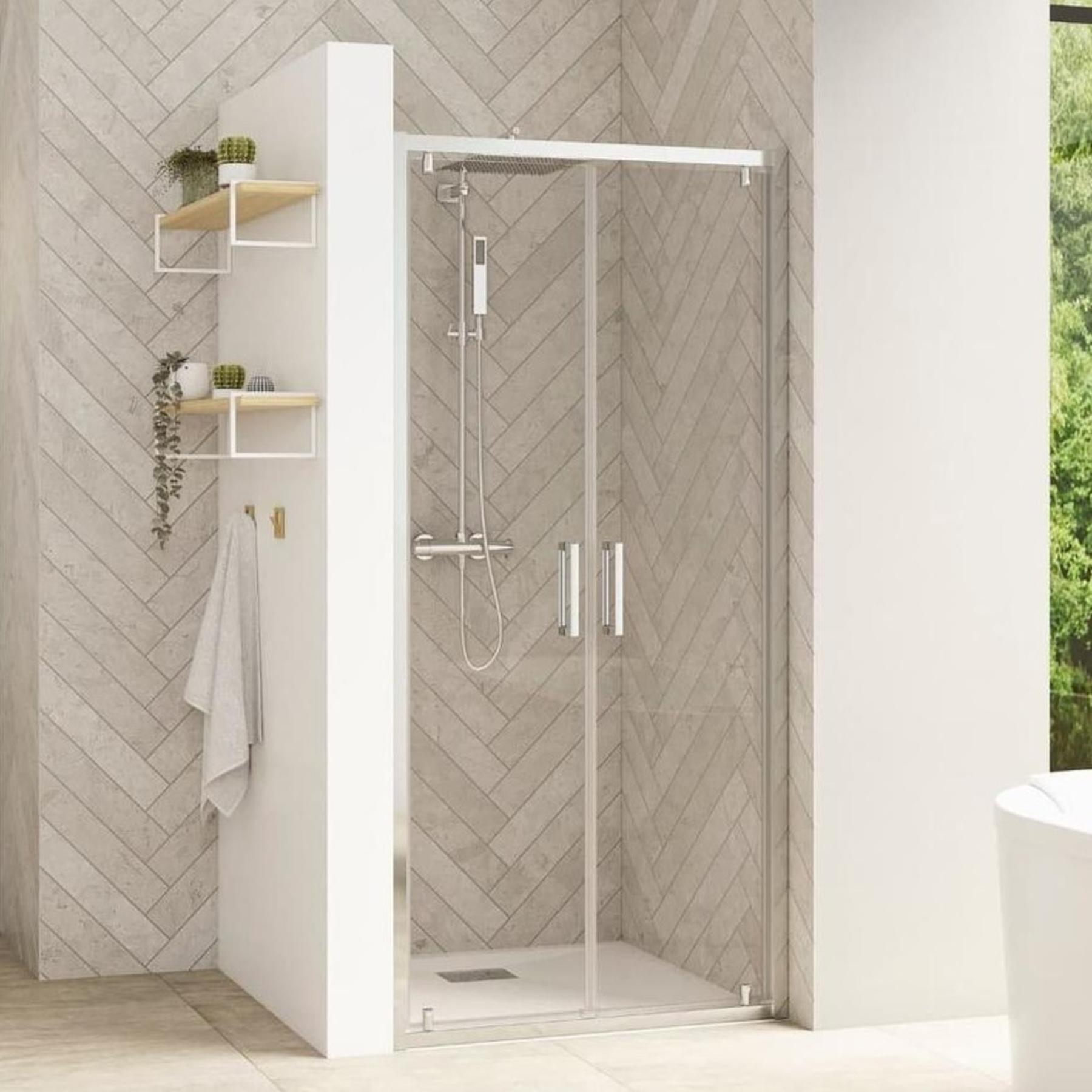 Porte de douche porte pivot. 2 vantaux SMART Design L 90 cm H 2,05 m blancverre 6mm anti calcaire transparent 