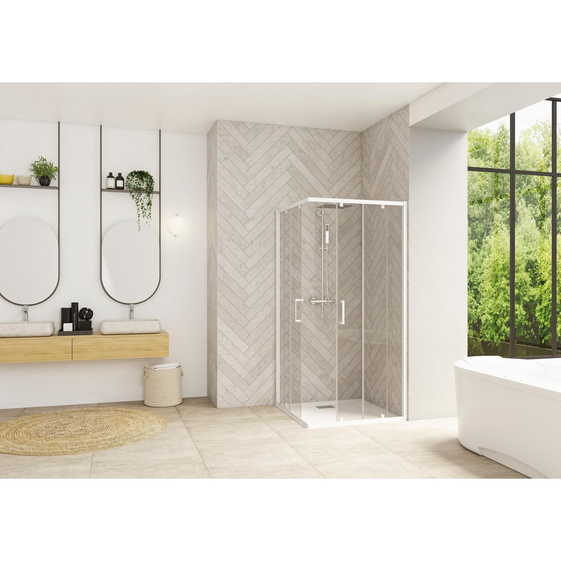 Porte de douche coulissante d'angle côté droit (à coupler avec côté gauche) SMART Design largeur 90 cm hauteur 2.05m profilé blanc verre transparent 
