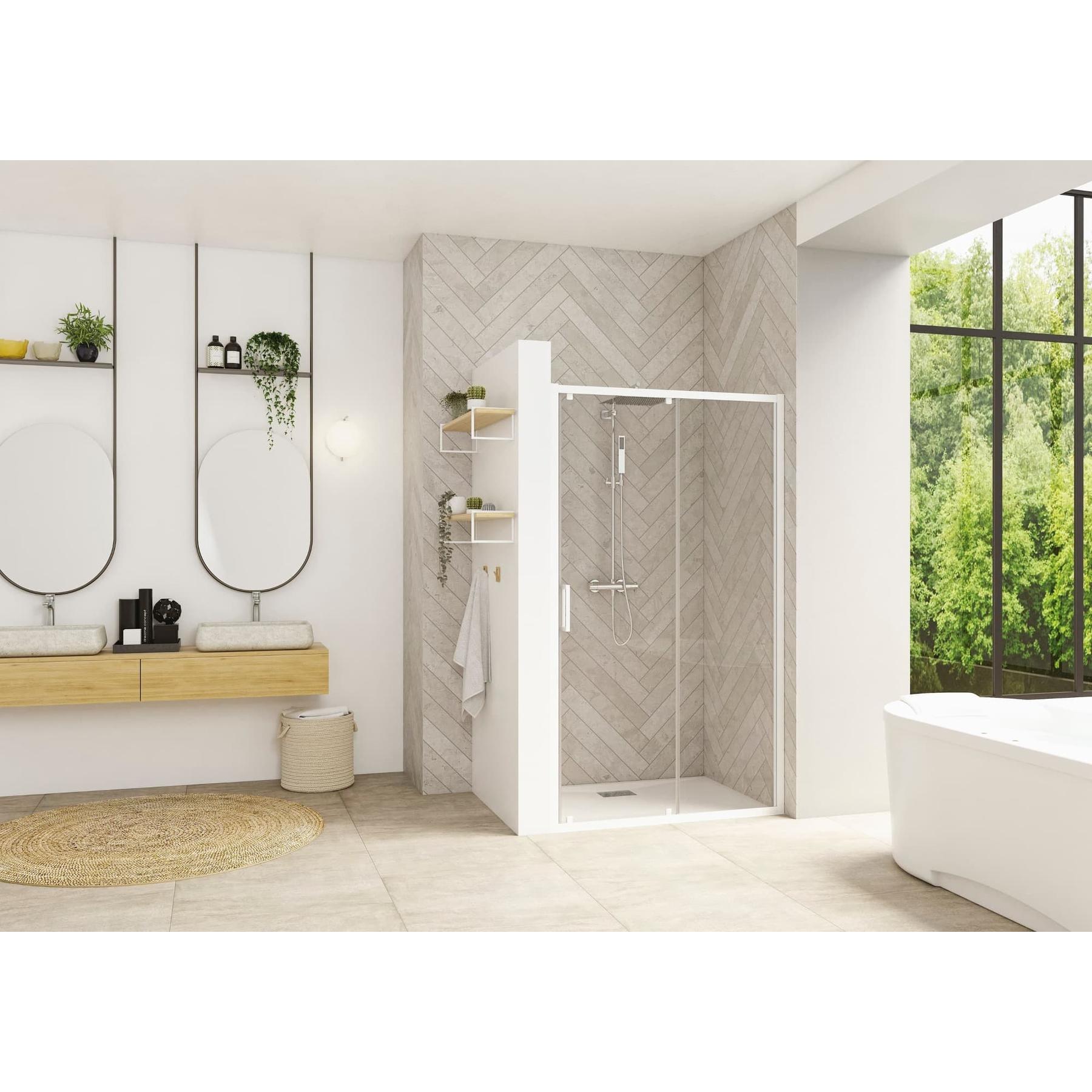 Porte de douche coulissante SMART Design largeur 100 cm hauteur 2.05m profilé blanc verre 6mm anti calcaire transparent 