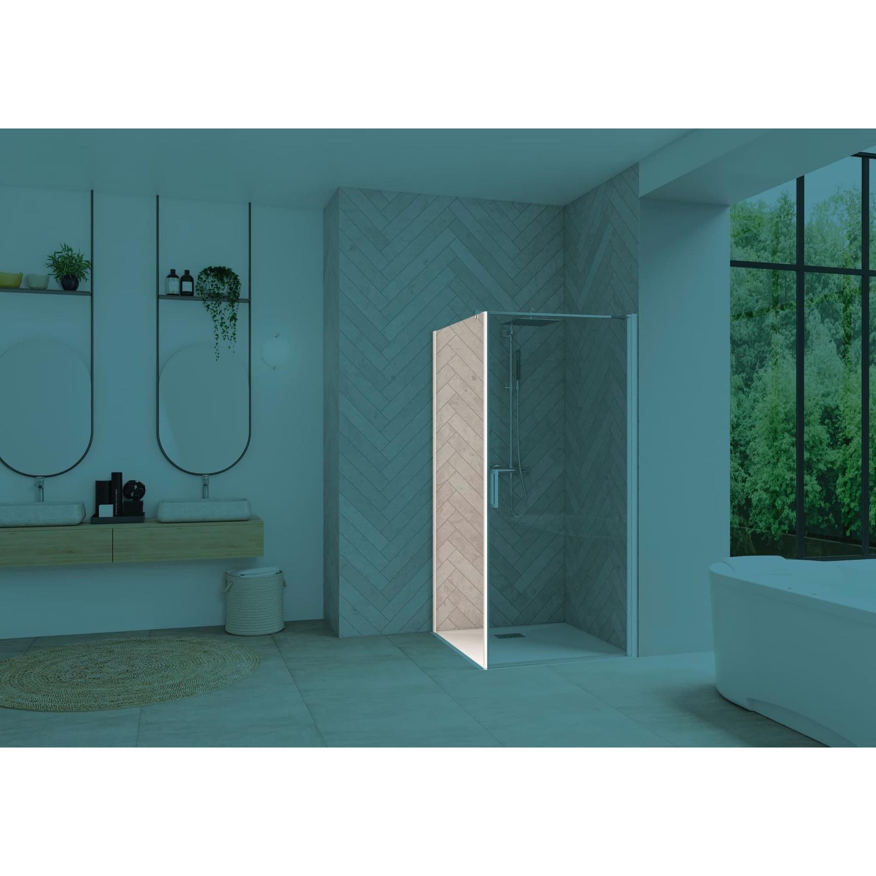 Paroi de douche fixe SMART Design largeur 1.20m hauteur 2.05m montage en angle avec porte pivotante profilé blanc verre transparent 