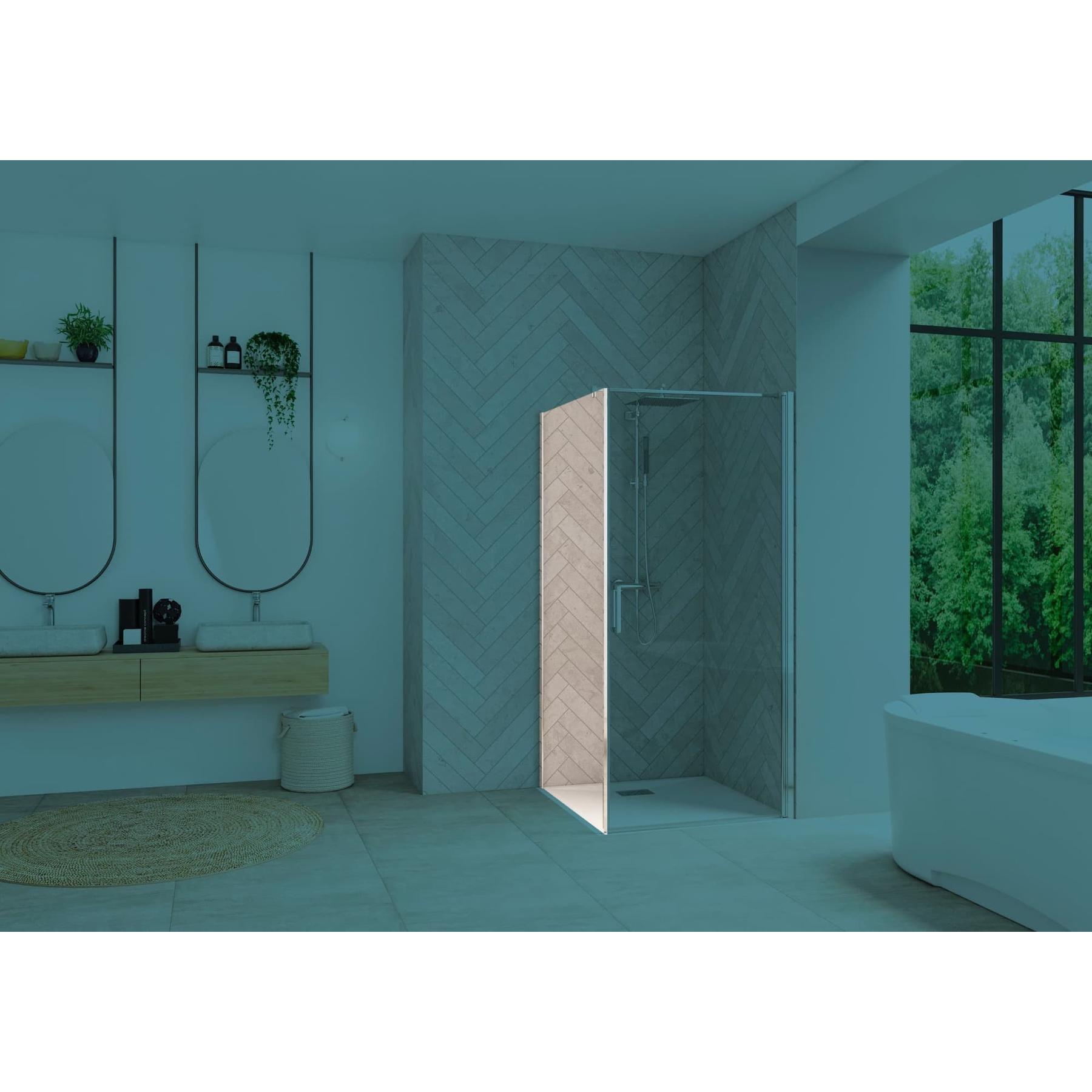 Paroi de douche fixe SMART Design largeur 70 cm hauteur 2.05m pour montage en angle avec porte pivotante profilé chromé verre transparent 