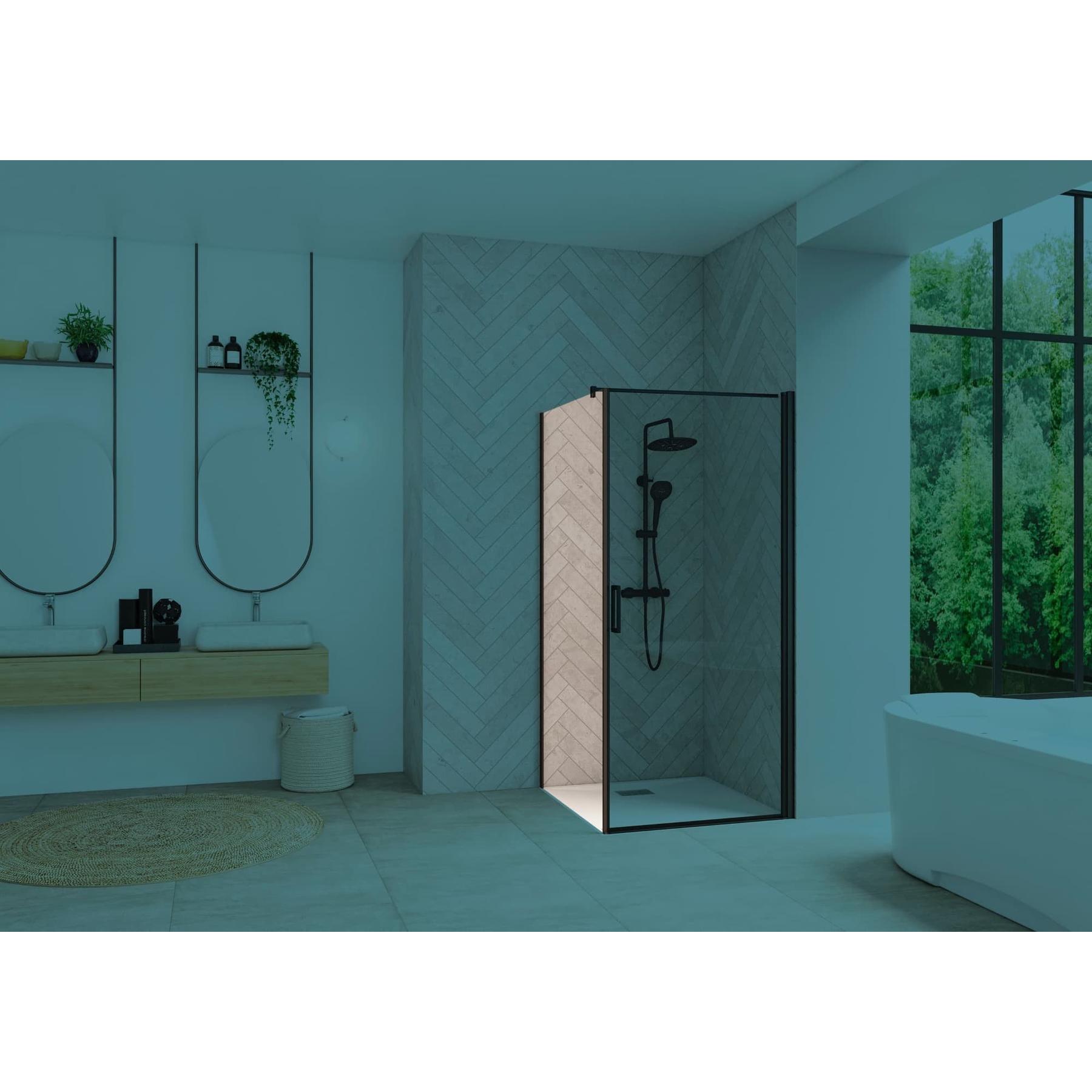 Paroi de douche fixe SMART Design largeur 70 cm hauteur 2.05m pour montage en angle avec porte pivotante profilé noir verre transparent 