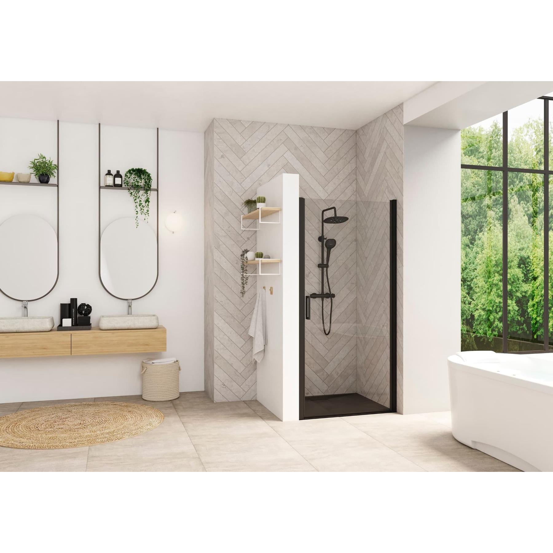 Porte de douche d'angle porte pivotante (à coupler avec paroi fixe) SMART Design largeur 75 cm hauteur 2.05m profilé noir verre transparent 