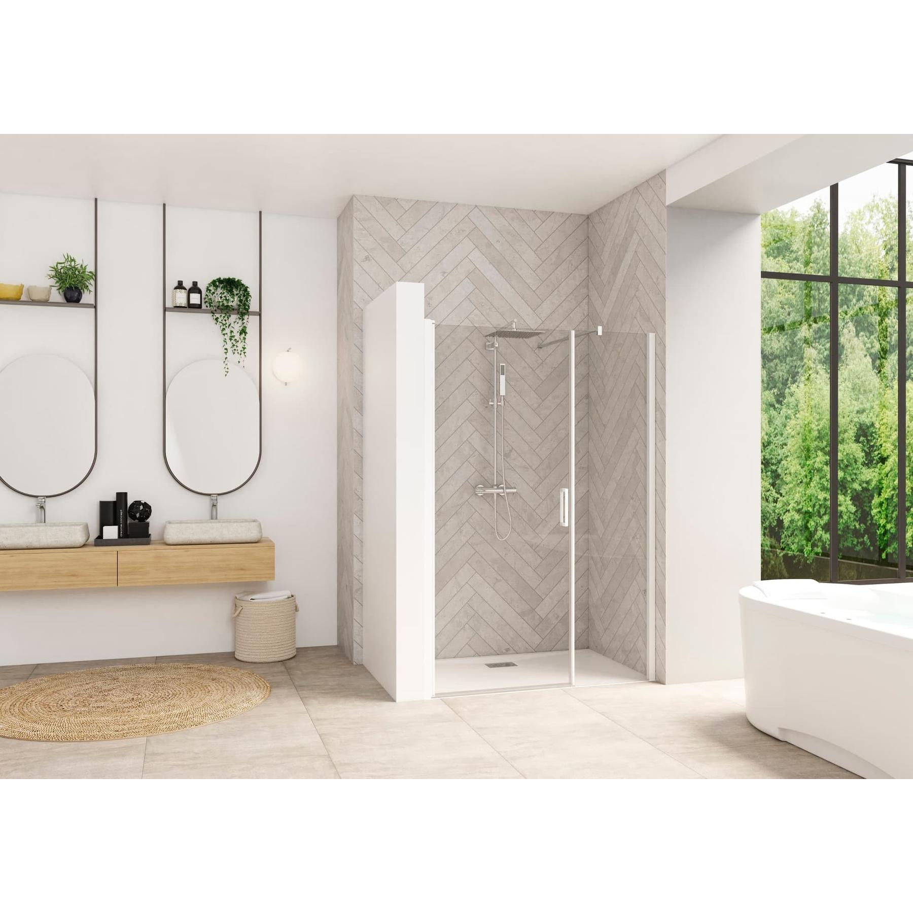 Porte de douche pliante (à coupler avec paroi fixe) SMART Design largeur XXL largeur 1.10m hauteur 2.05m profilé blanc verre transparent 