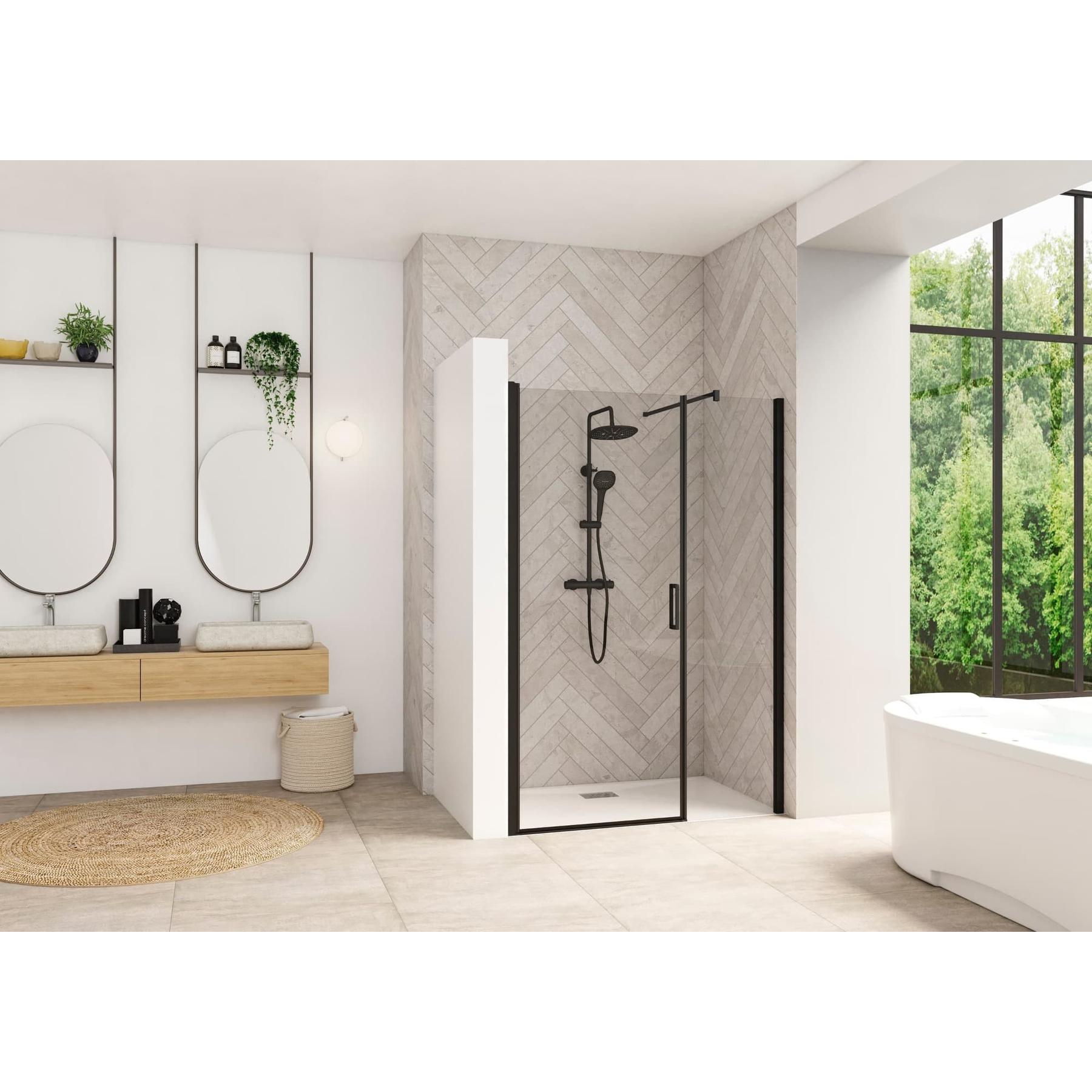 Porte de douche pliante (à coupler avec paroi fixe) SMART Design largeur XXL largeur 1.10m hauteur 2.05m profilé noir verre transparent 