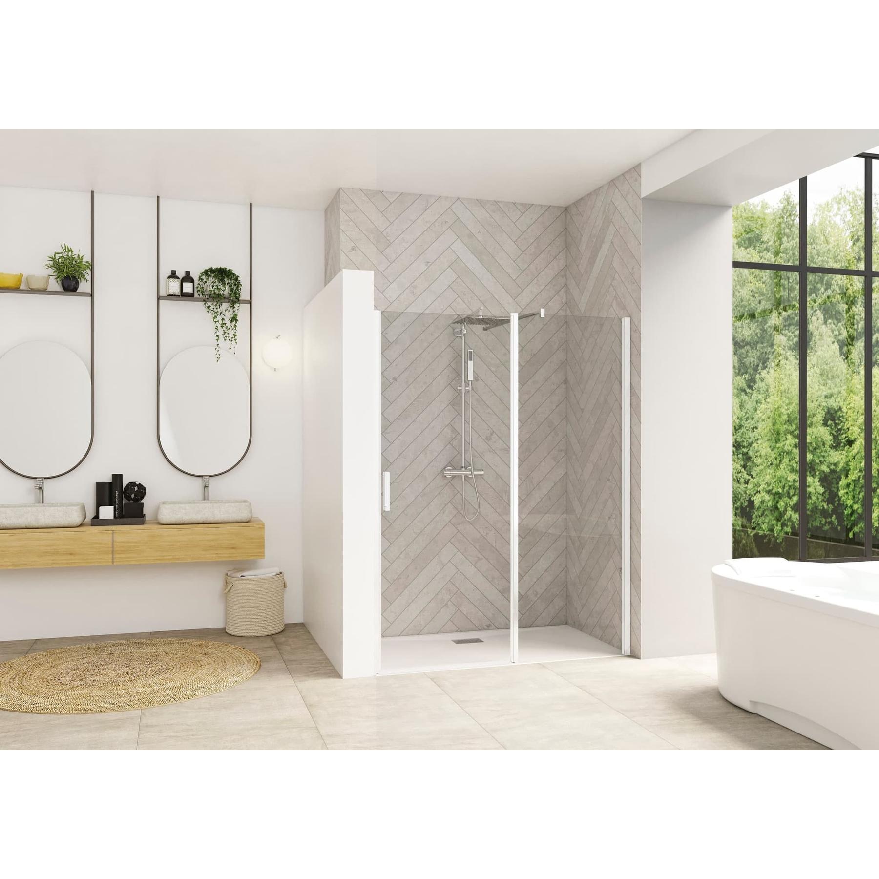 Porte de douche pliante SMART Design XXL sans seuil normes handicapé largeur 1.10m hauteur 2.05m profilé blanc verre transparent 