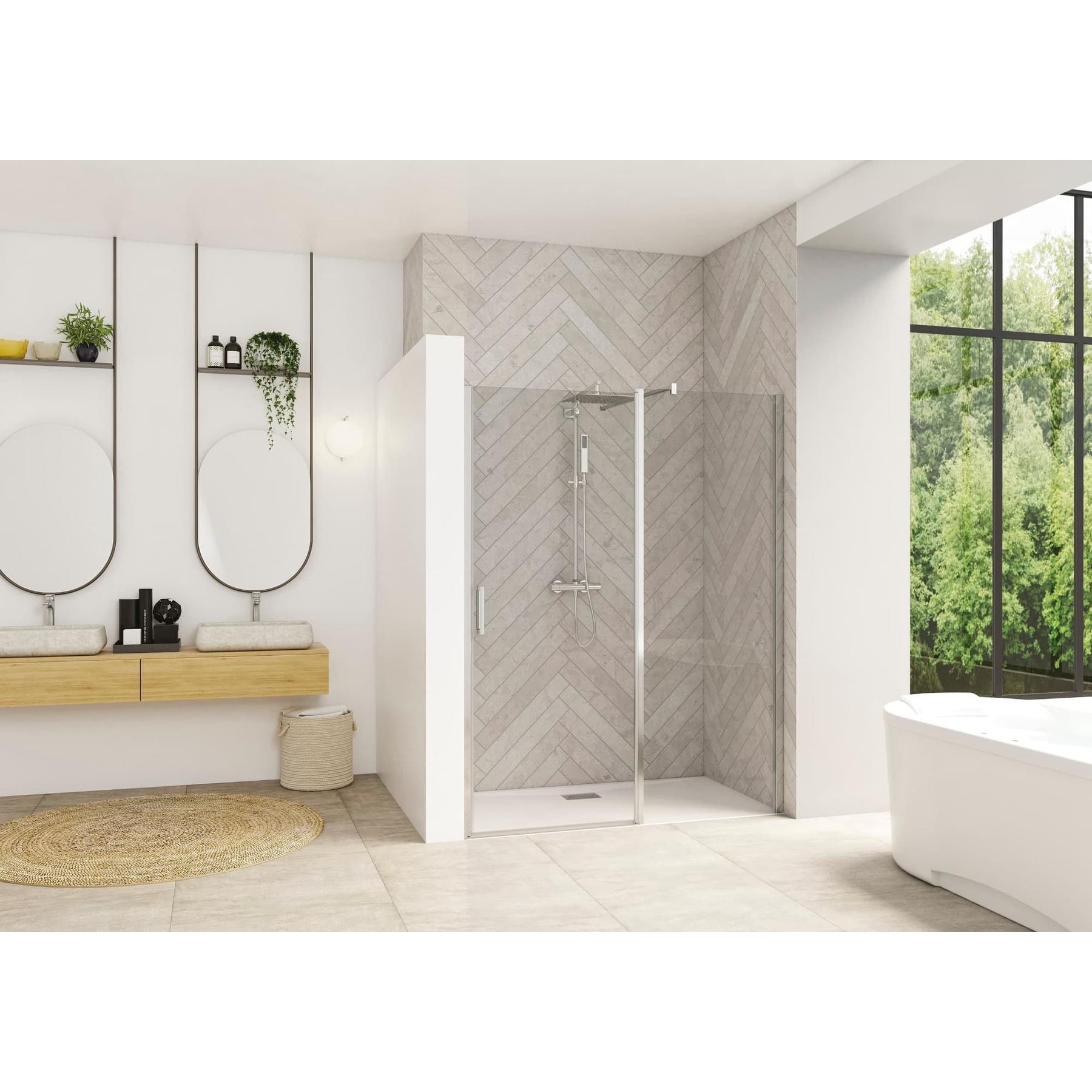 Porte de douche porte pivotante SMART Design XXL sans seuil (conforme PMR) 1.70m hauteur 2.05m profilé chromé verre transparent 
