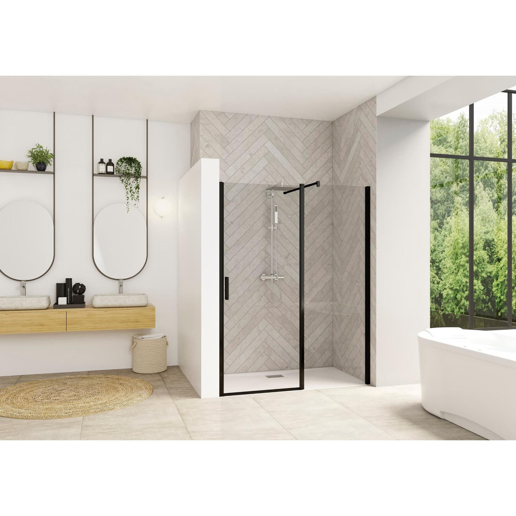 Porte de douche porte pivotante SMART Design XXL sans seuil (conforme PMR) 1.80m hauteur 2.05m profilé noir verre transparent 
