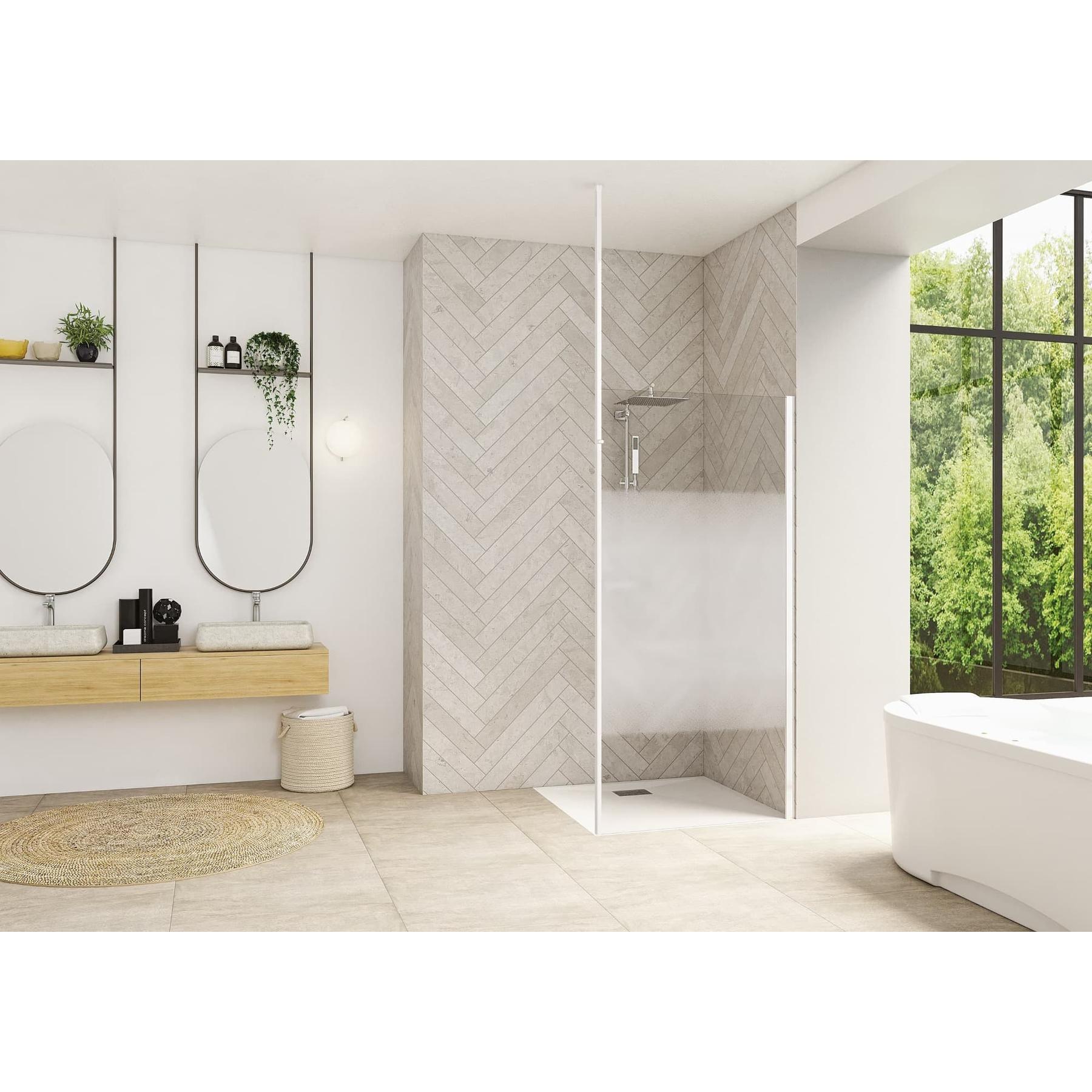 Paroi de douche fixe SMART Design solo largeur 75 cm hauteur 1.98m profilé blanc verre transparent renfort Mât sol/plafond 
