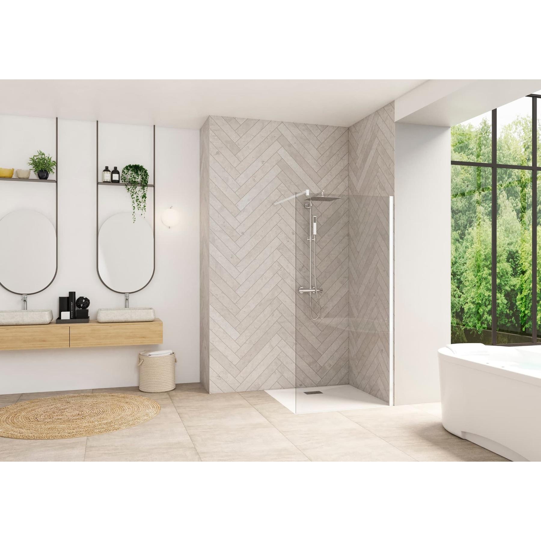 Paroi de douche fixe avec barre de renfort haute SMART Design solo largeur 90 cm hauteur 1.98m profilé blanc verre transparent 