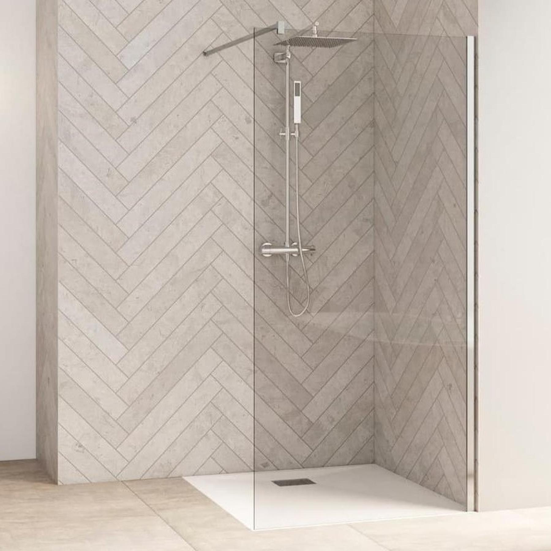 Paroi de douche fixe avec barre de renfort haute SMART Design solo largeur 1.40m hauteur 1.98m profilé chromé verre transparent 