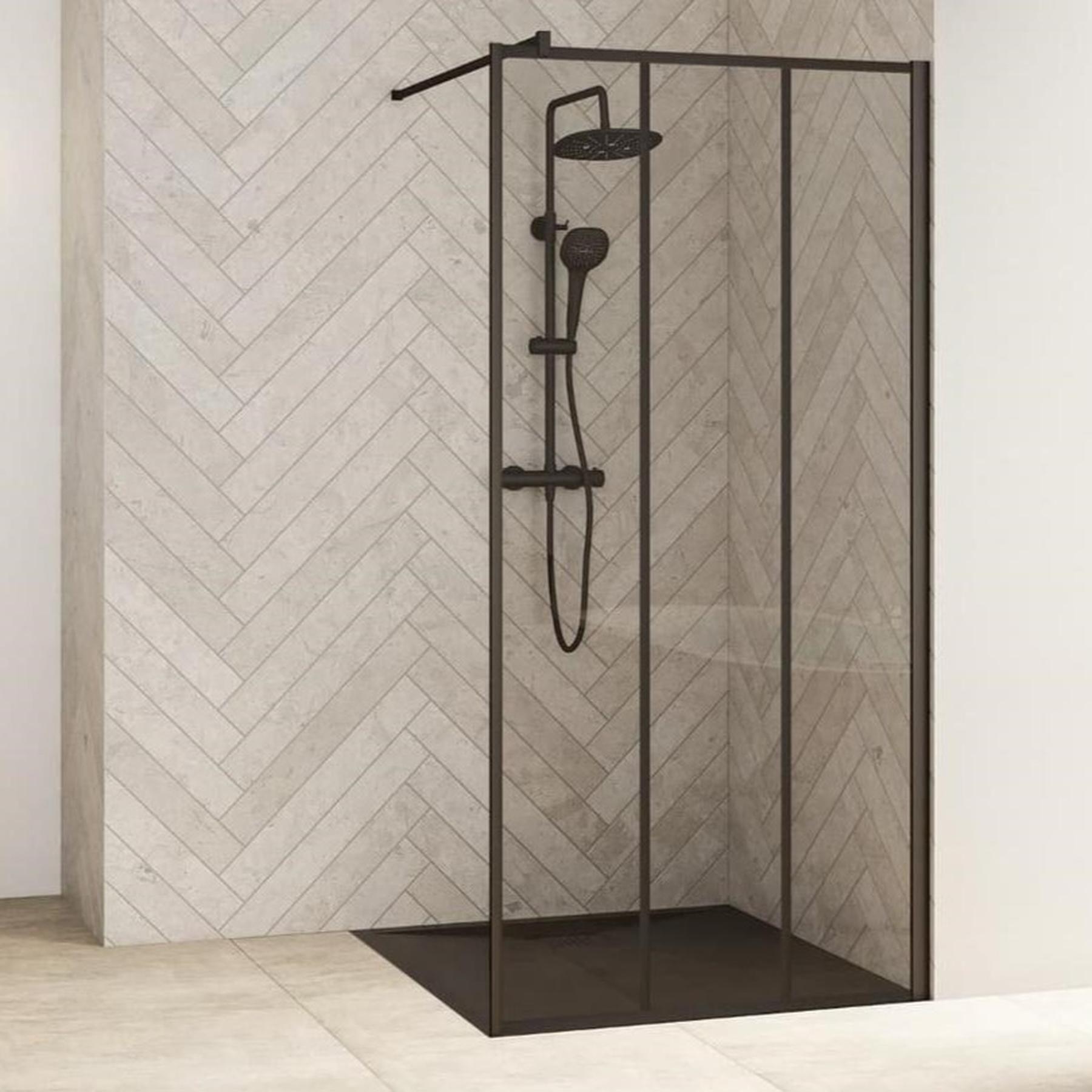 Paroi de douche fixe SMART Design solo L 70 cm H 1,98m renfort barre, gris noir grainé verre factory bandes verticales noires 